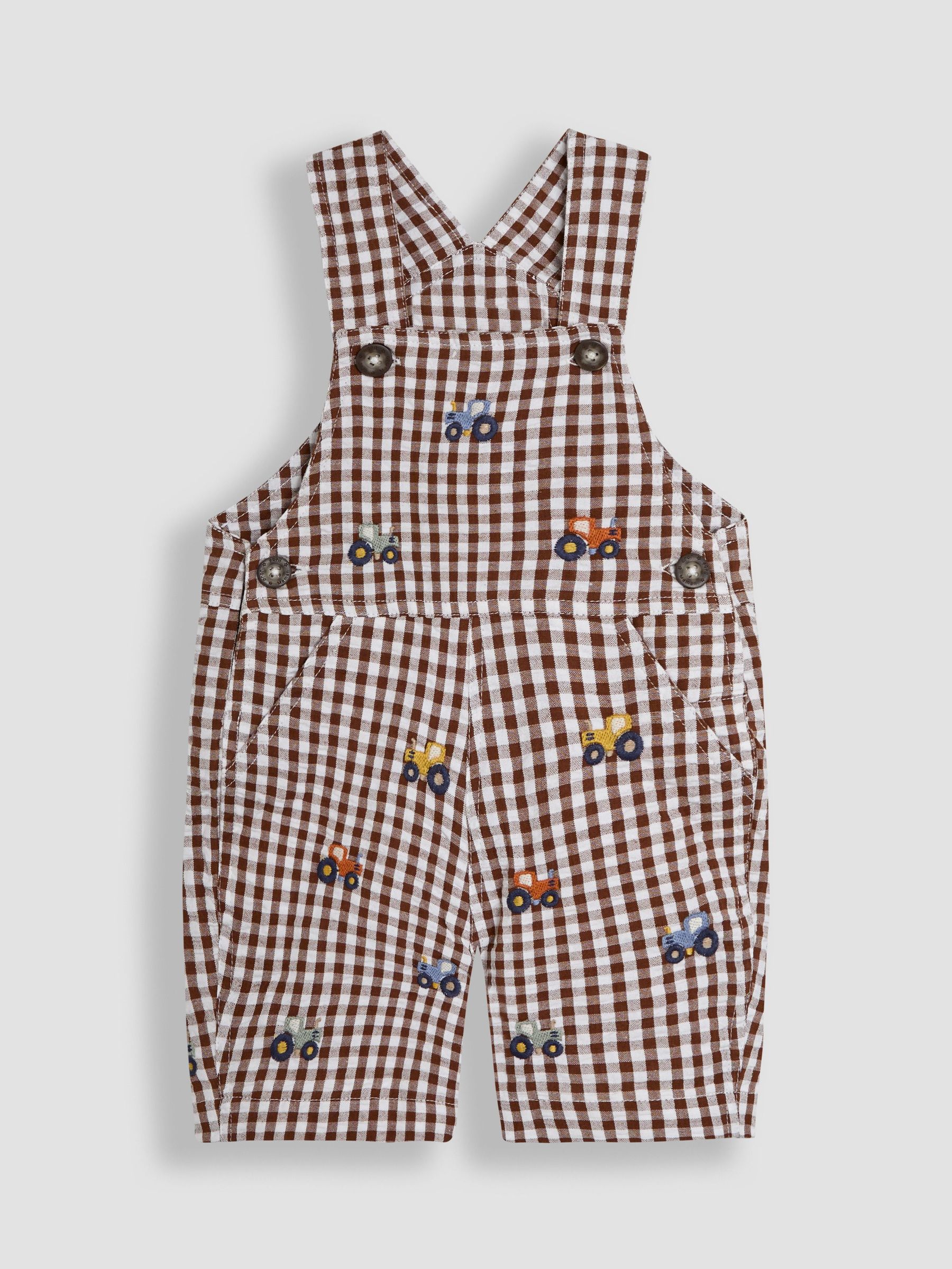Toffee Brown Tractor Embroidered Gingham Dungarees (AU0610) | £26 - £27