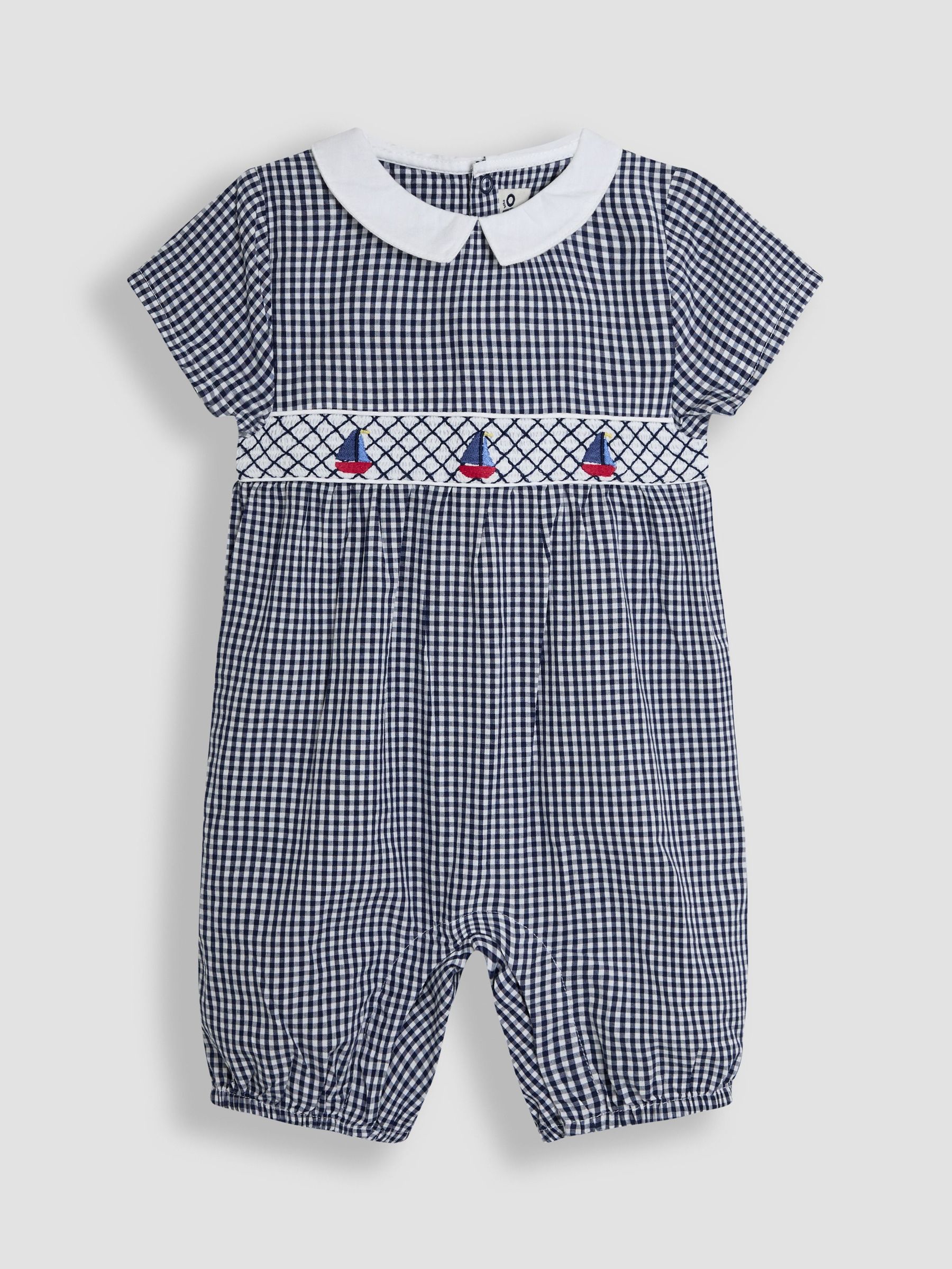 Navy Gingham Nautical Embroidered Smock Romper (AU0627) | £26 - £27