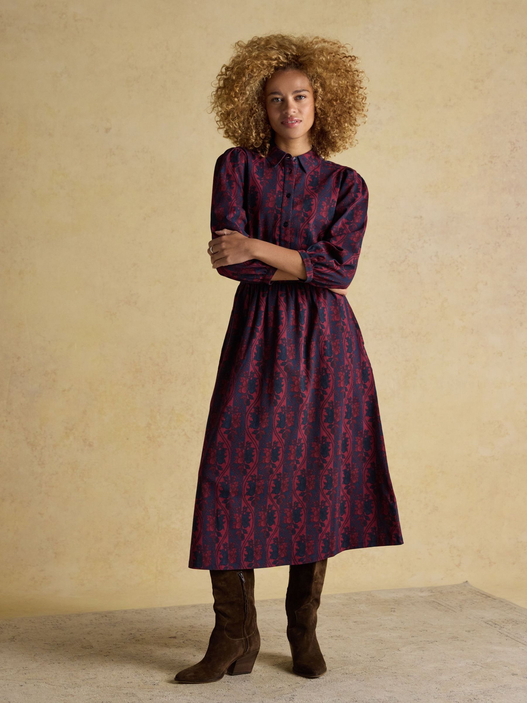 Hazel Burgundy Red Jersey Midi Long Sleeve Shirt Dress with Collar