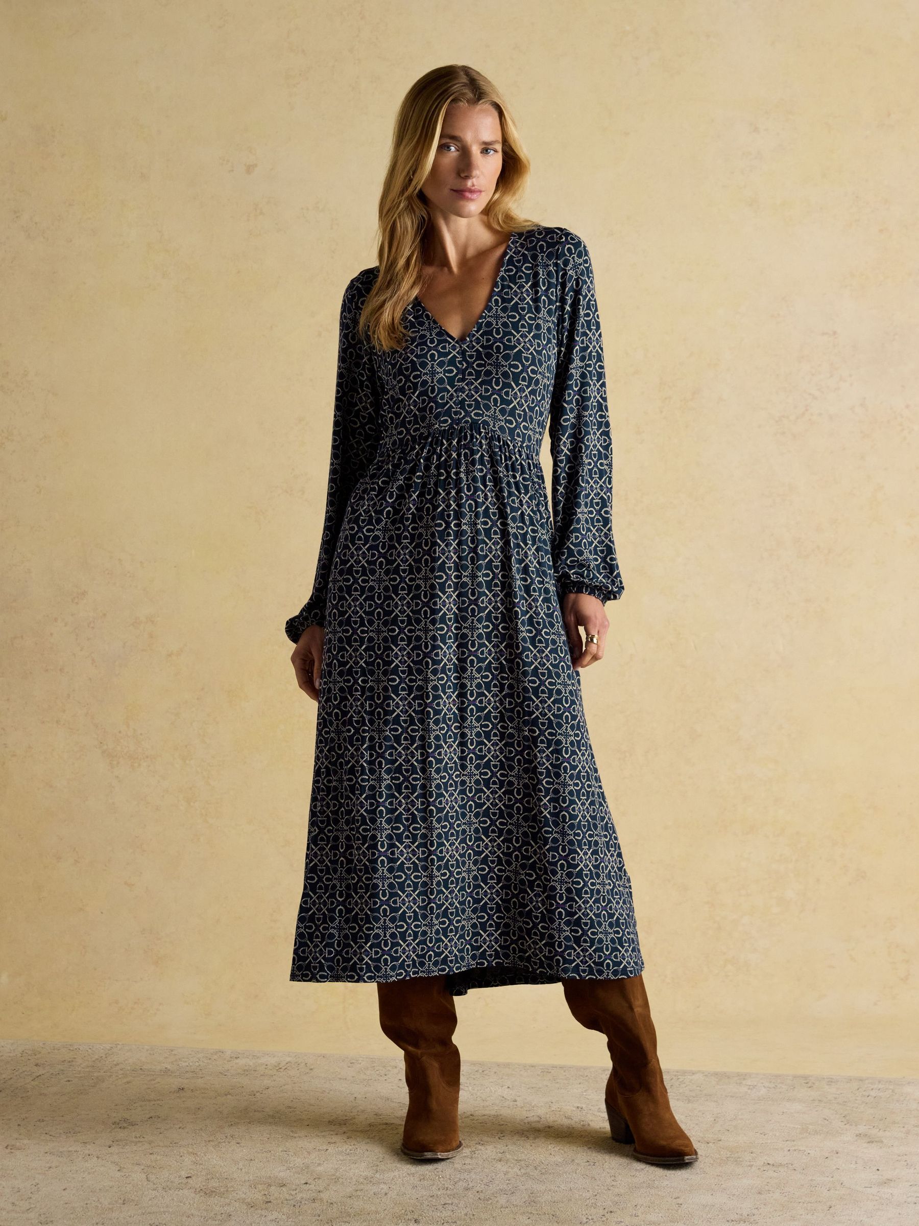 Nia Navy Bridle Print Long Sleeve V-Neck Midaxi Dress