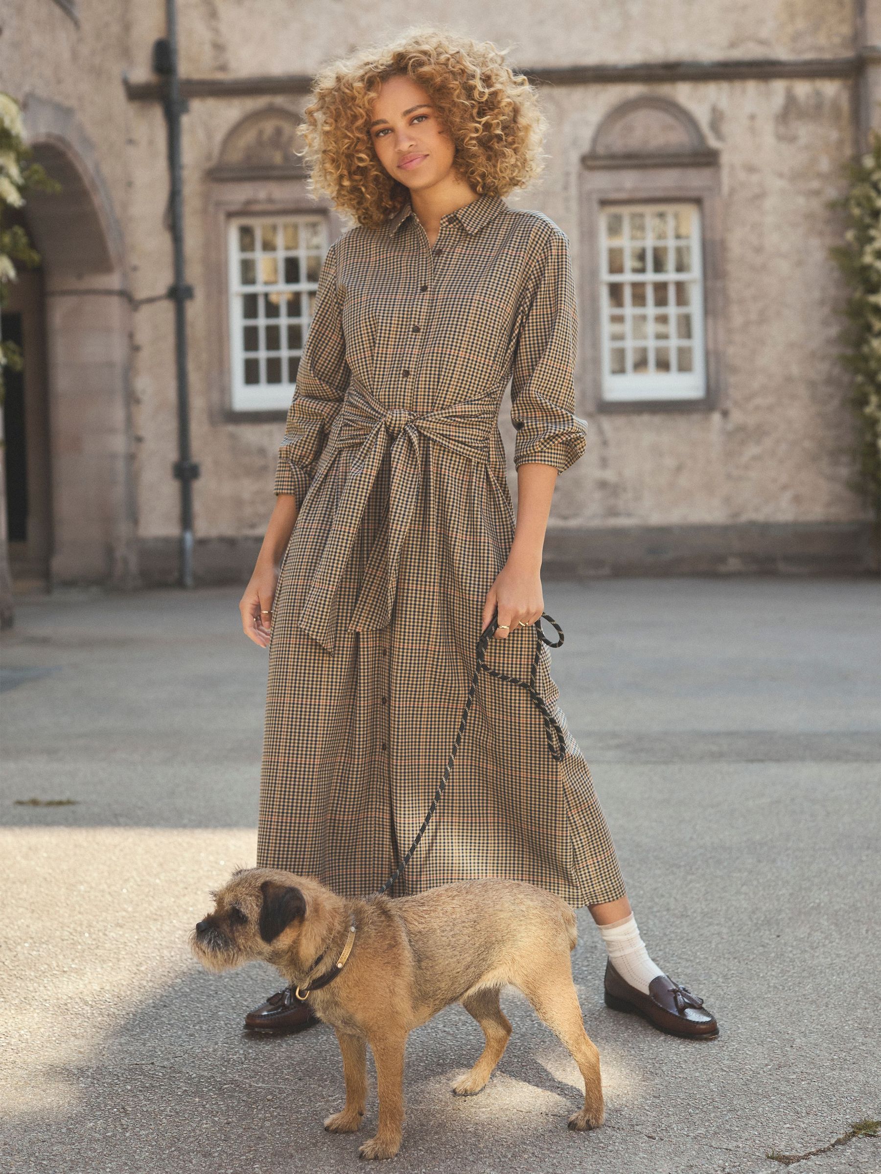 Clarice Brown Check Knot Waist Midi Dress with Button Fastening and Collar (AU1216) | £79