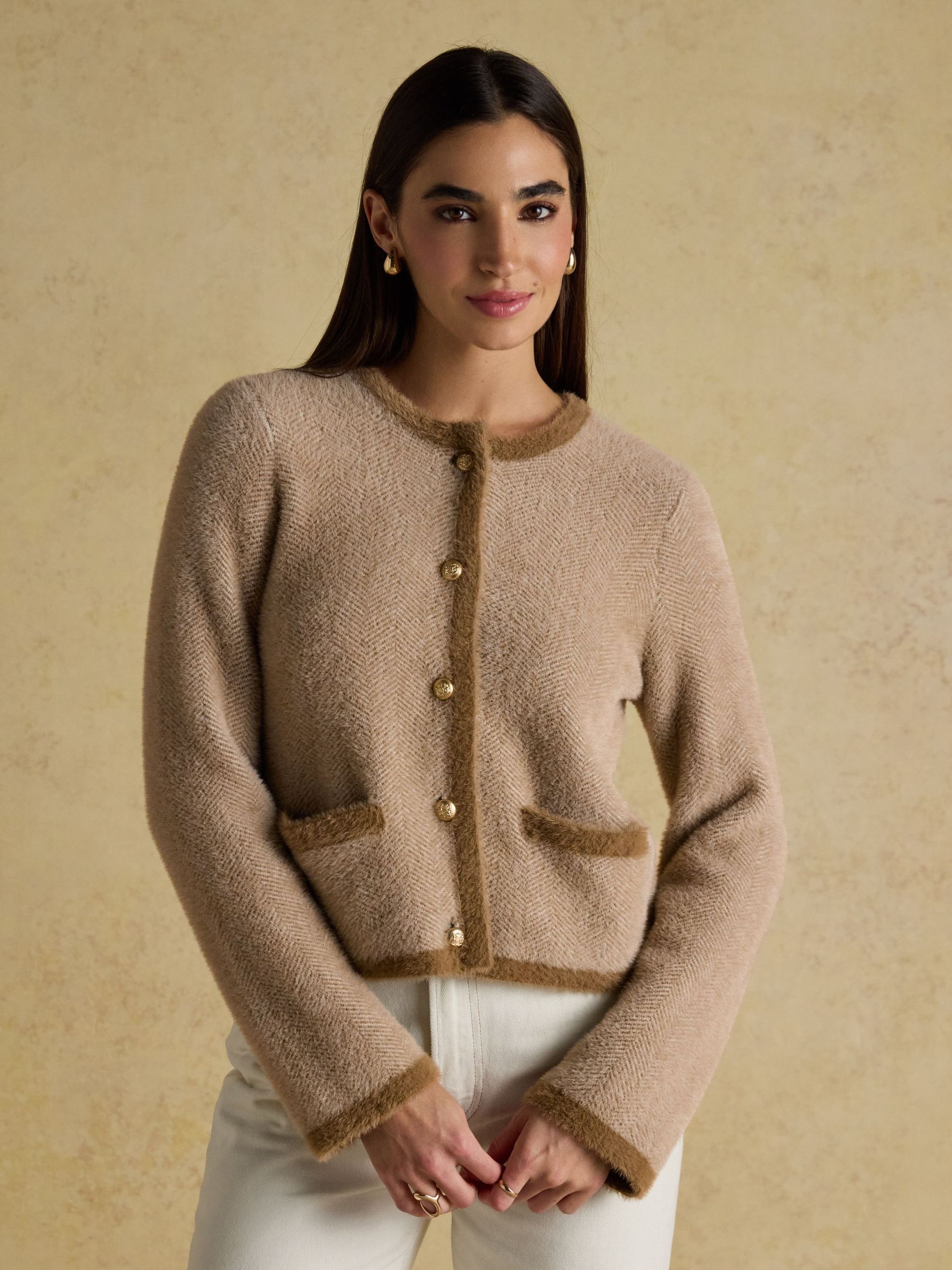 Super Soft Georgia Tan & Cream Herringbone Eyelash Knitted Cardigan