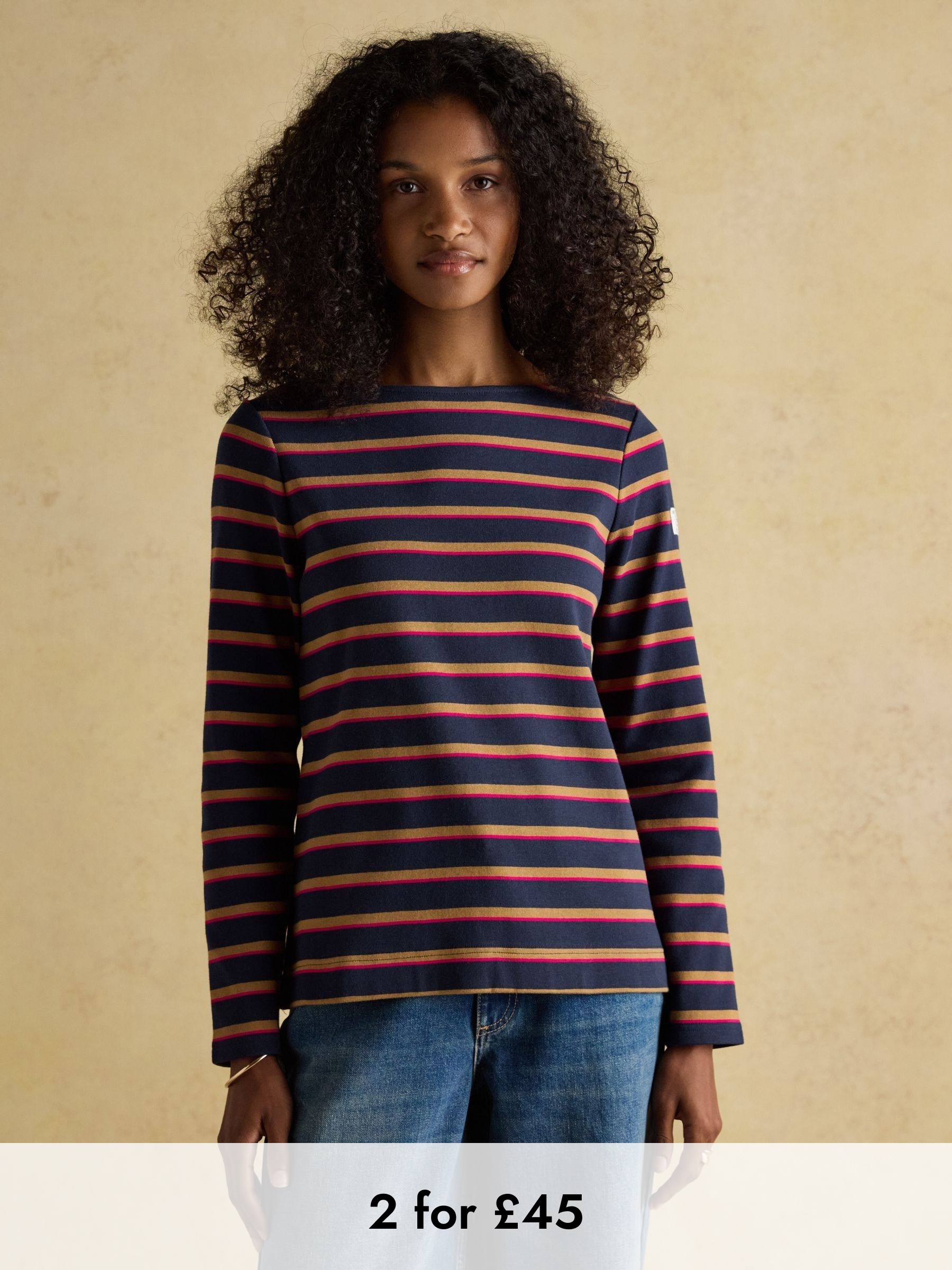 Harbour Tan/Navy Boat Neck Long Sleeve Breton Stripe Top (AU2039) | £29