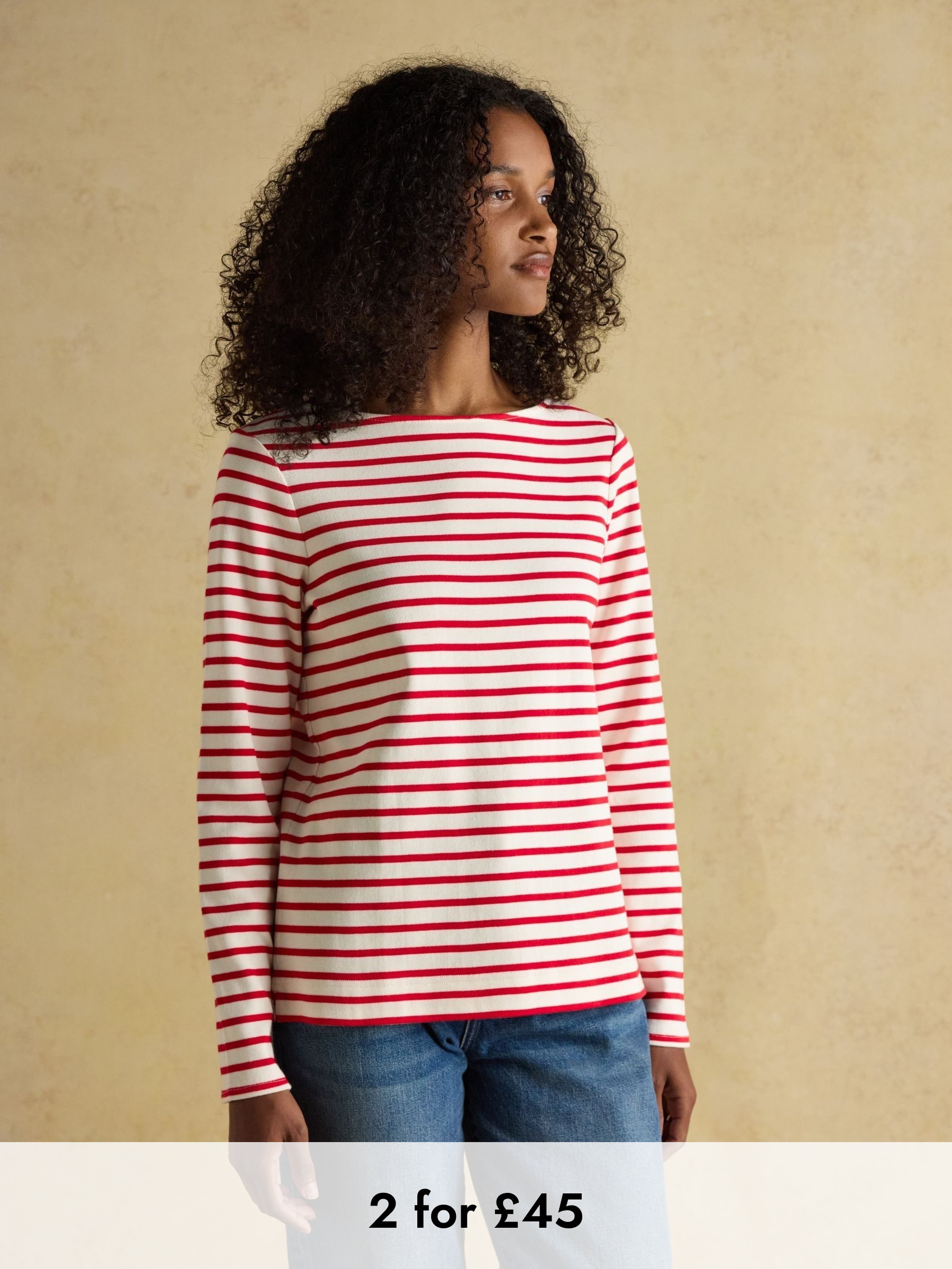 Harbour Cream/Red Boat Neck Long Sleeve Breton Stripe Top (AU2040) | £29