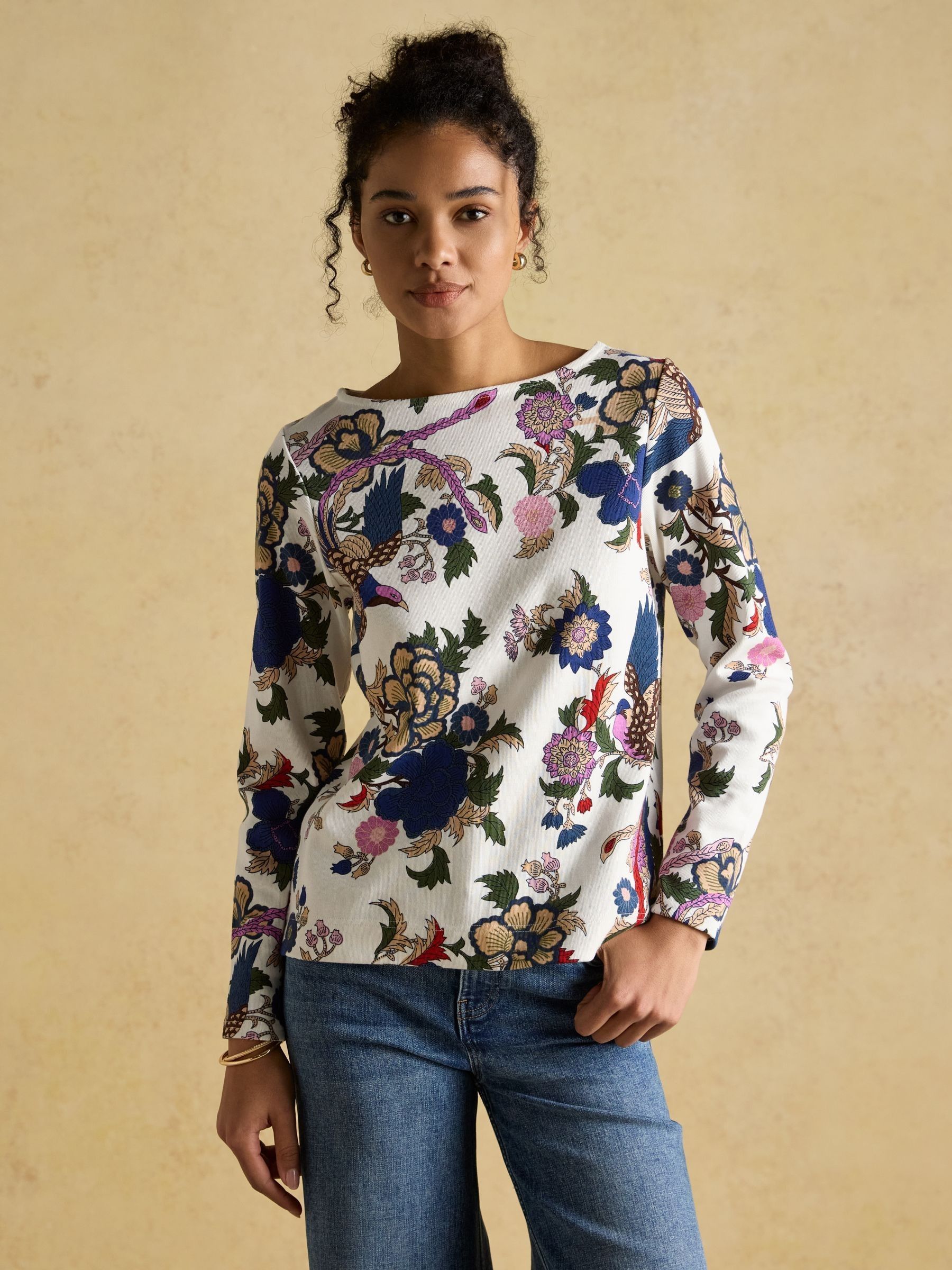 Harbour Cream Bird Floral Boat Neck Printed Top