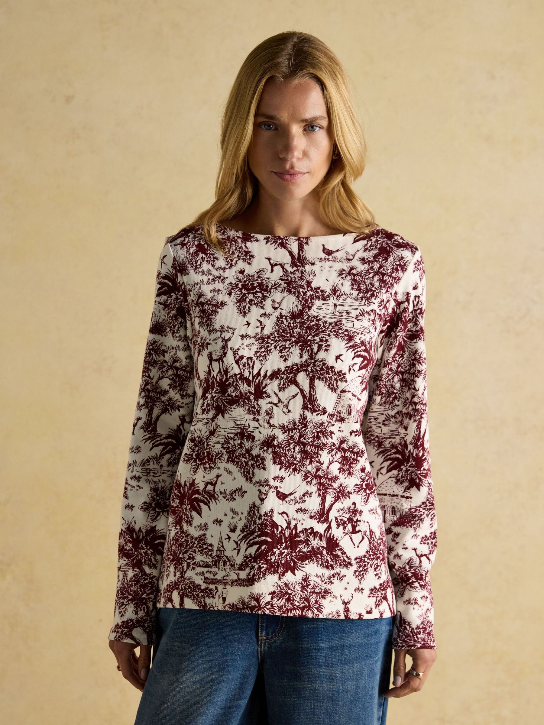 Harbour Burgundy Toile de Jouy Boat Neck Printed Top