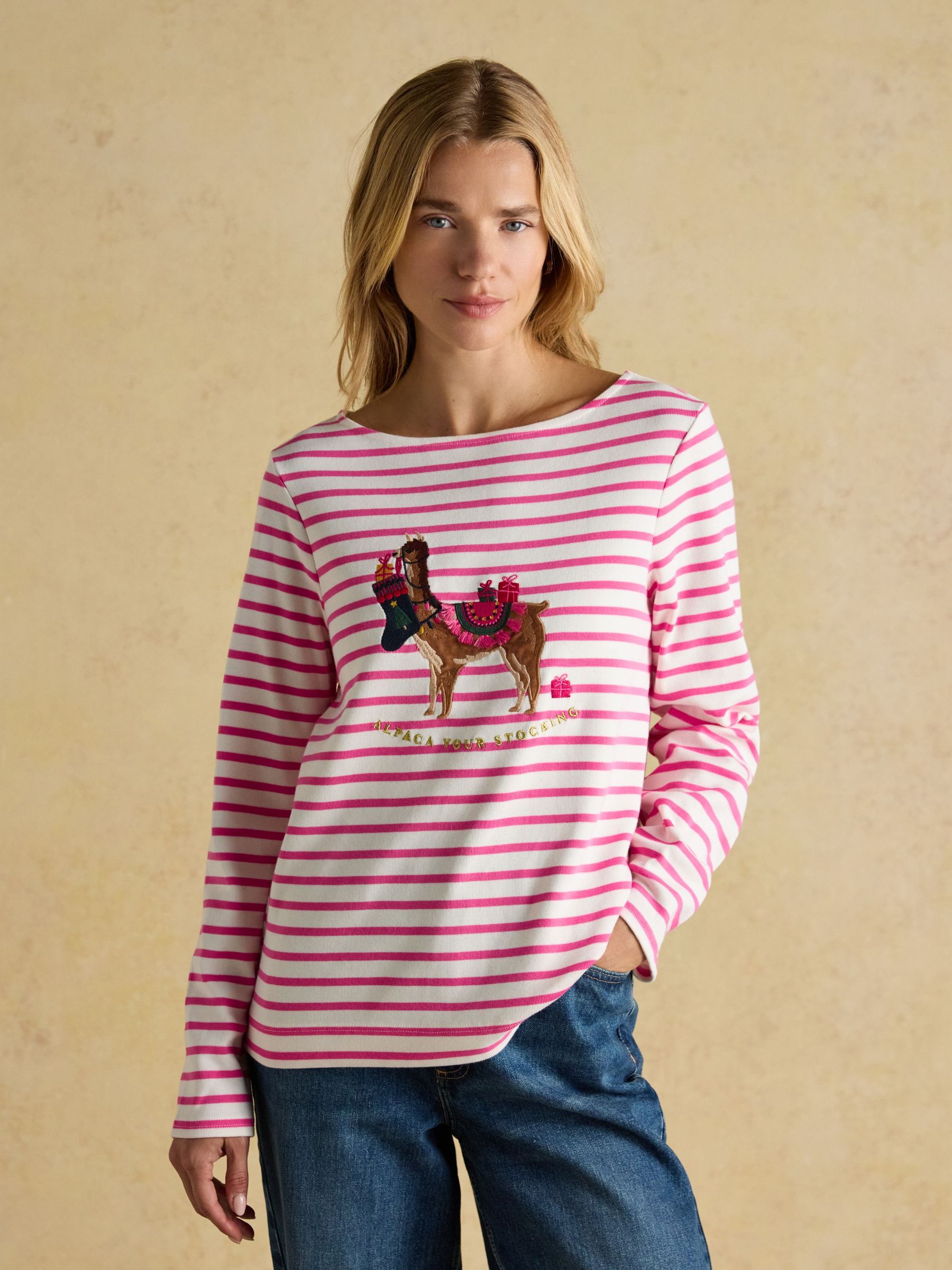 Christmas Harbour Alpaca Cream/Pink Boat Neck Breton Top (AU2050) | £40