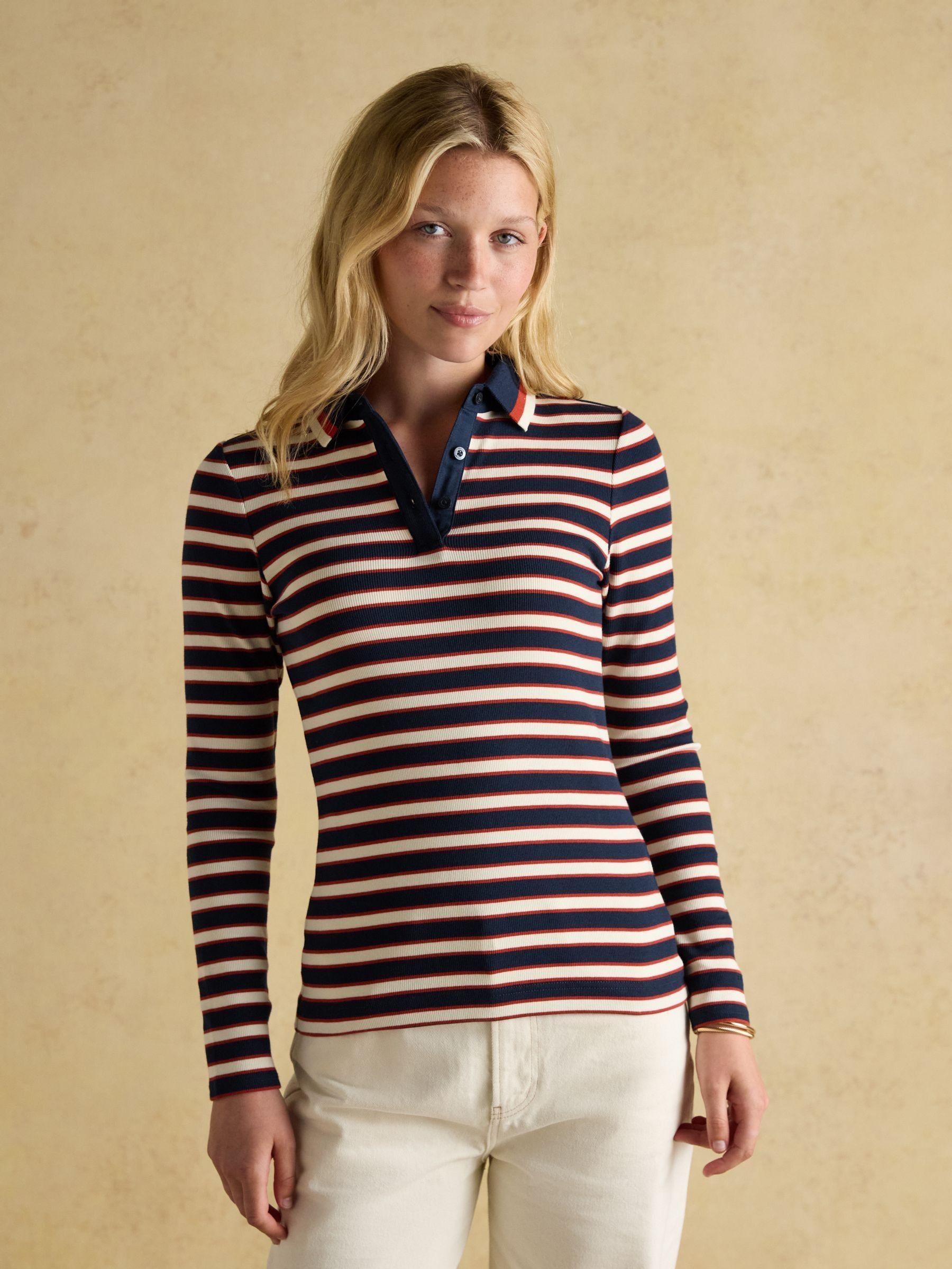 Fairfield Navy/Red Ribbed Long Sleeve Striped Polo Shirt (AU2058) | £39.95