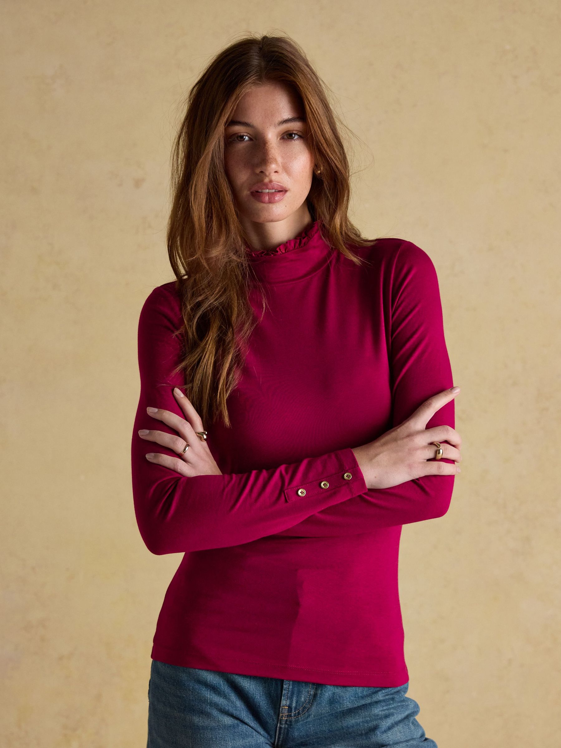 Amy Red Long Sleeve High Frill Neck Jersey Top