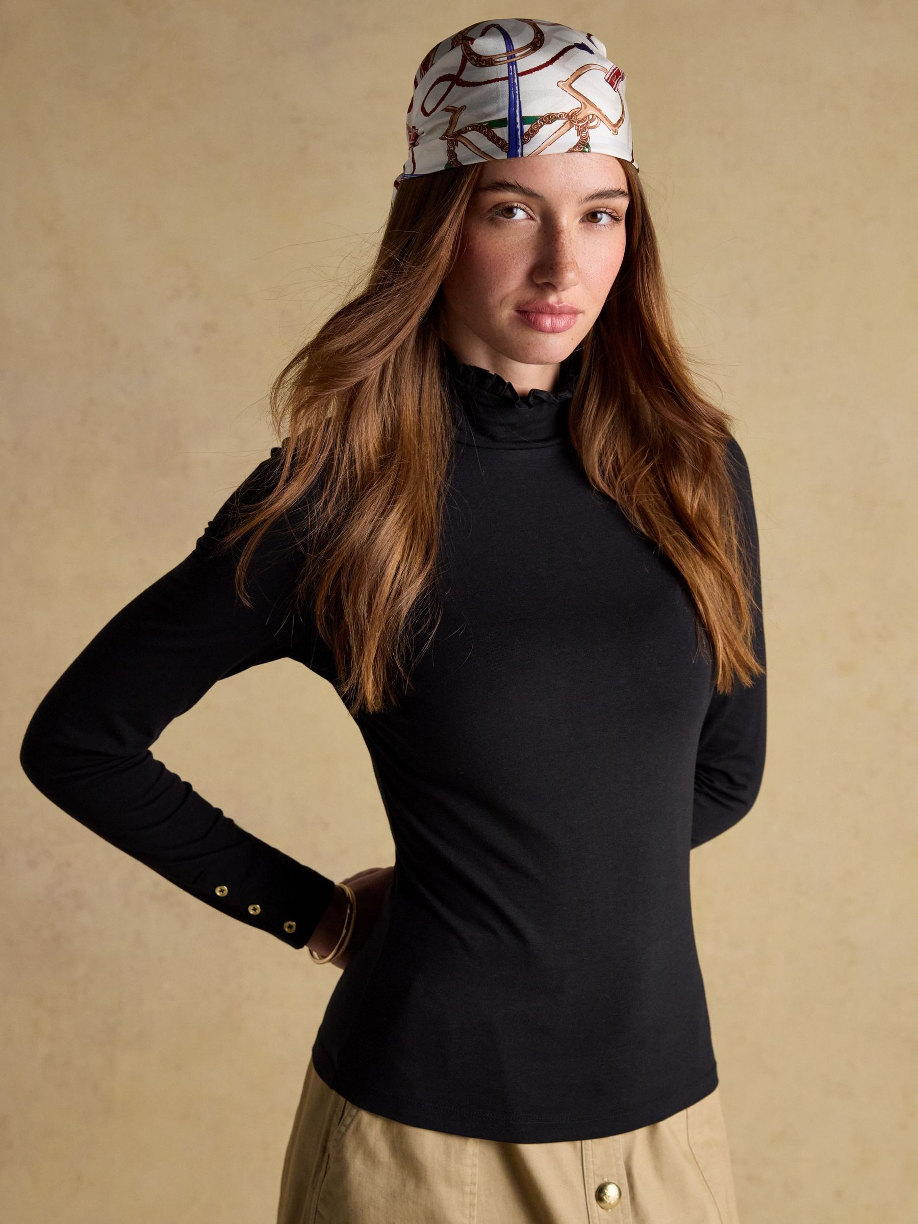 Amy Black Long Sleeve High Frill Neck Jersey Top (AU2069) | £28