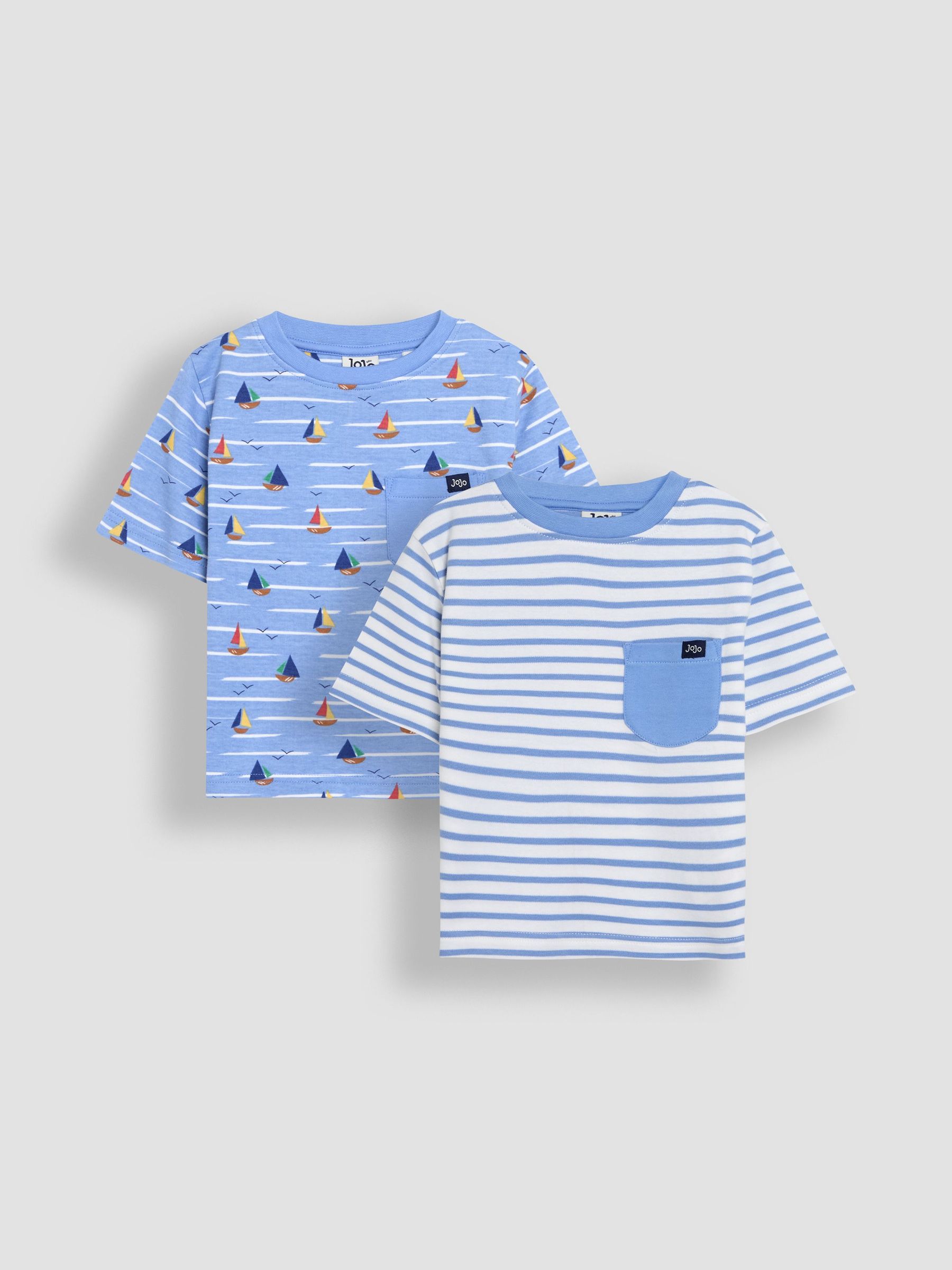 Blue Sailboat Print & Stripe 100% Cotton T-Shirts 2 Pack (AU2206) | £20 - £23