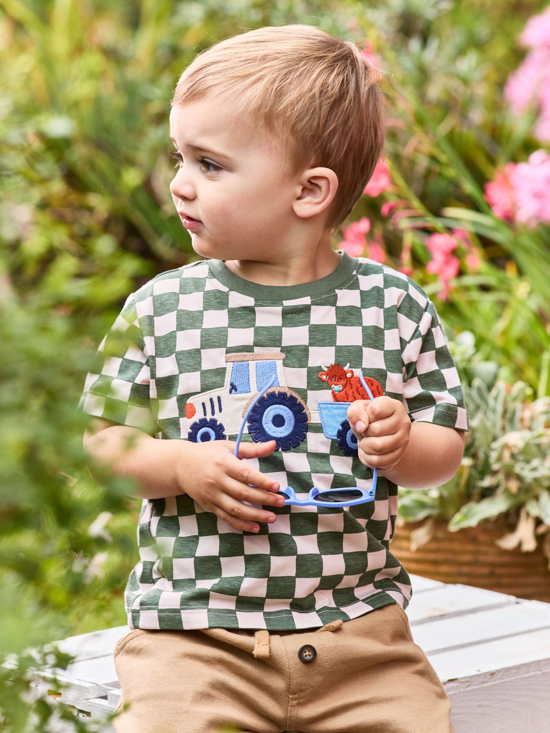 Khaki Tractor Appliqué Checkerboard T-Shirt (AU2218) | £16 - £19
