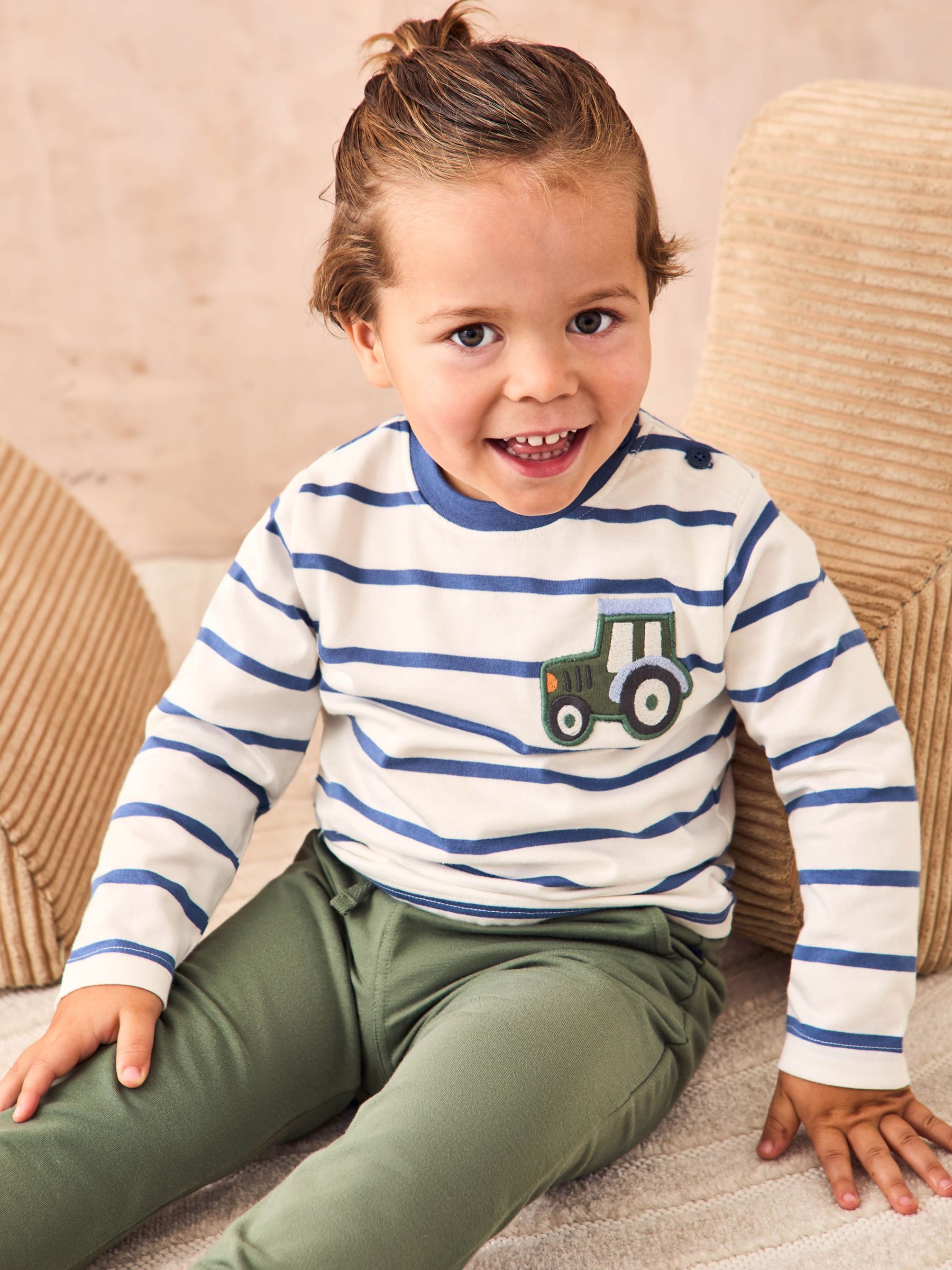 Ecru Tractor 100% Cotton Appliqué Pocket Stripe Top (AU2261) | £15 - £18