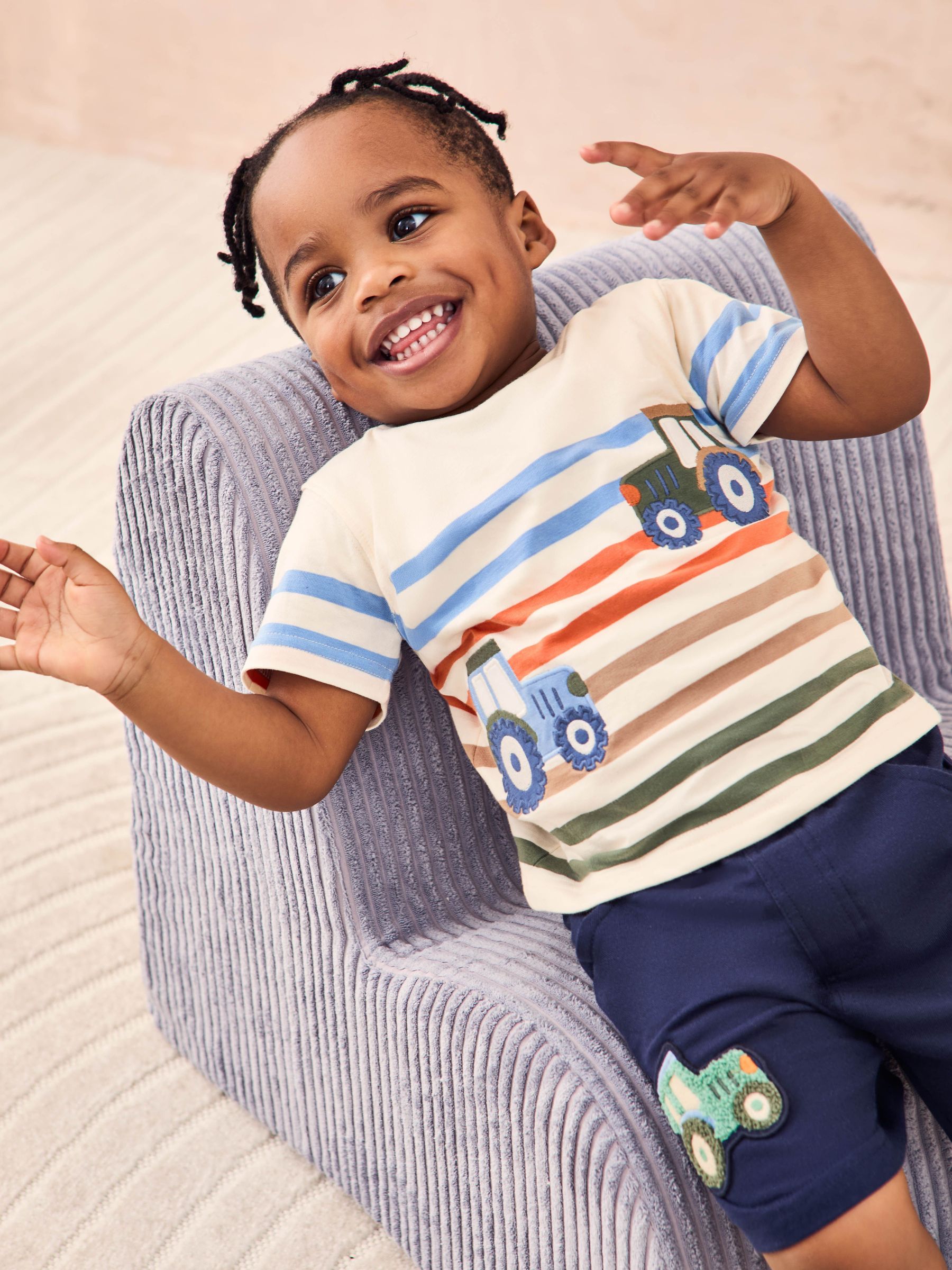 Ecru Stripe Tractor Appliqué T-Shirt (AU2272) | £16 - £19