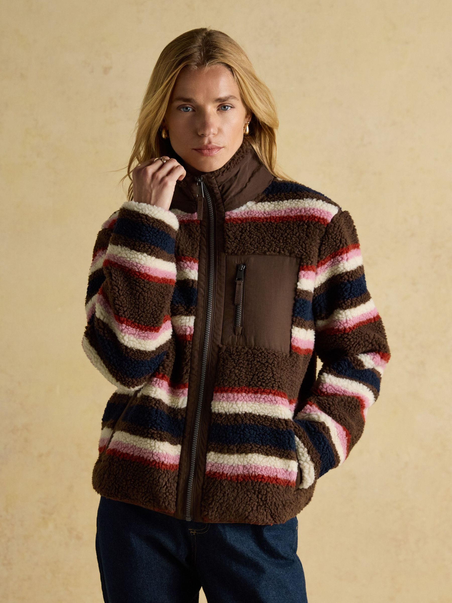 Lottie Chocolate Multi Stripe Borg Fleece with Zip Fastening (AU2358) | £47