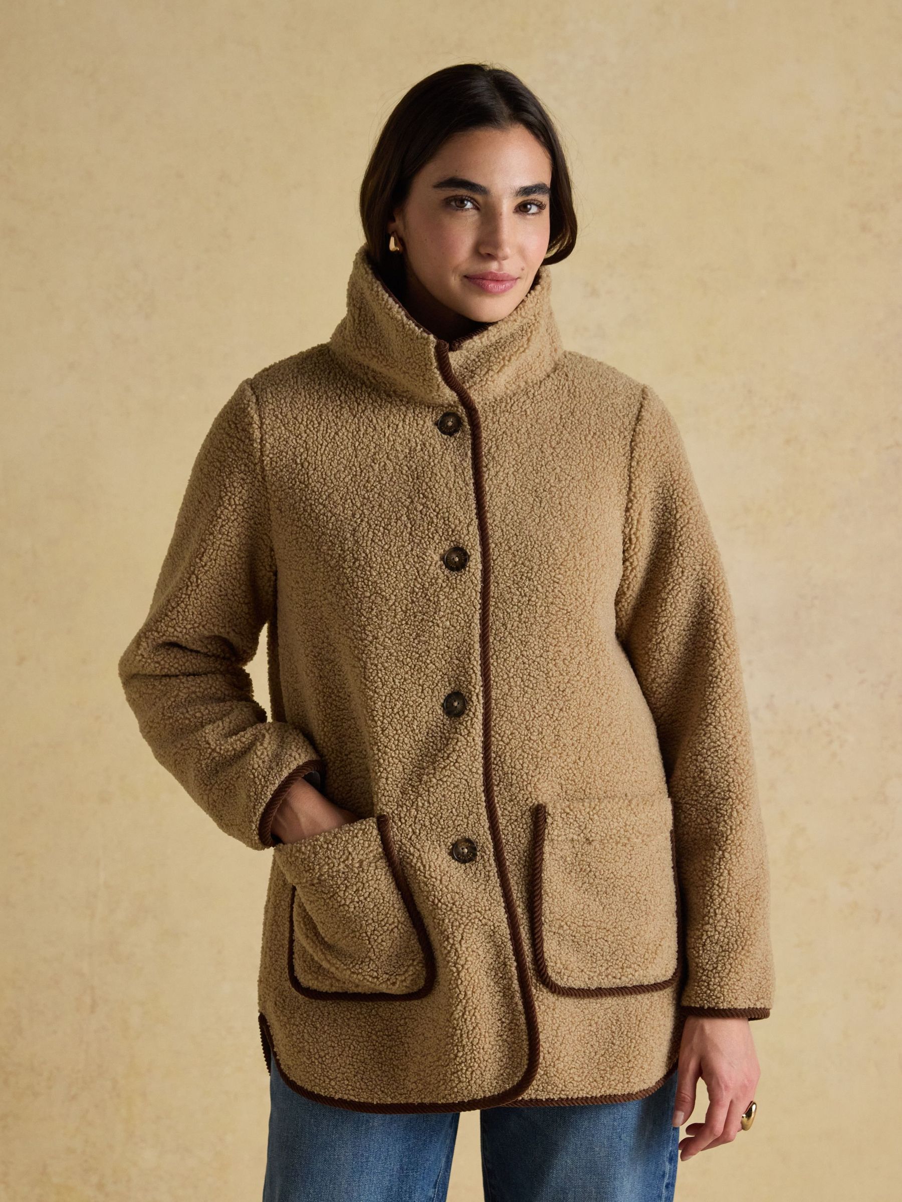 Sadie Taupe Longline Fleece Jacket with Button Fastening (AU2361) | £79
