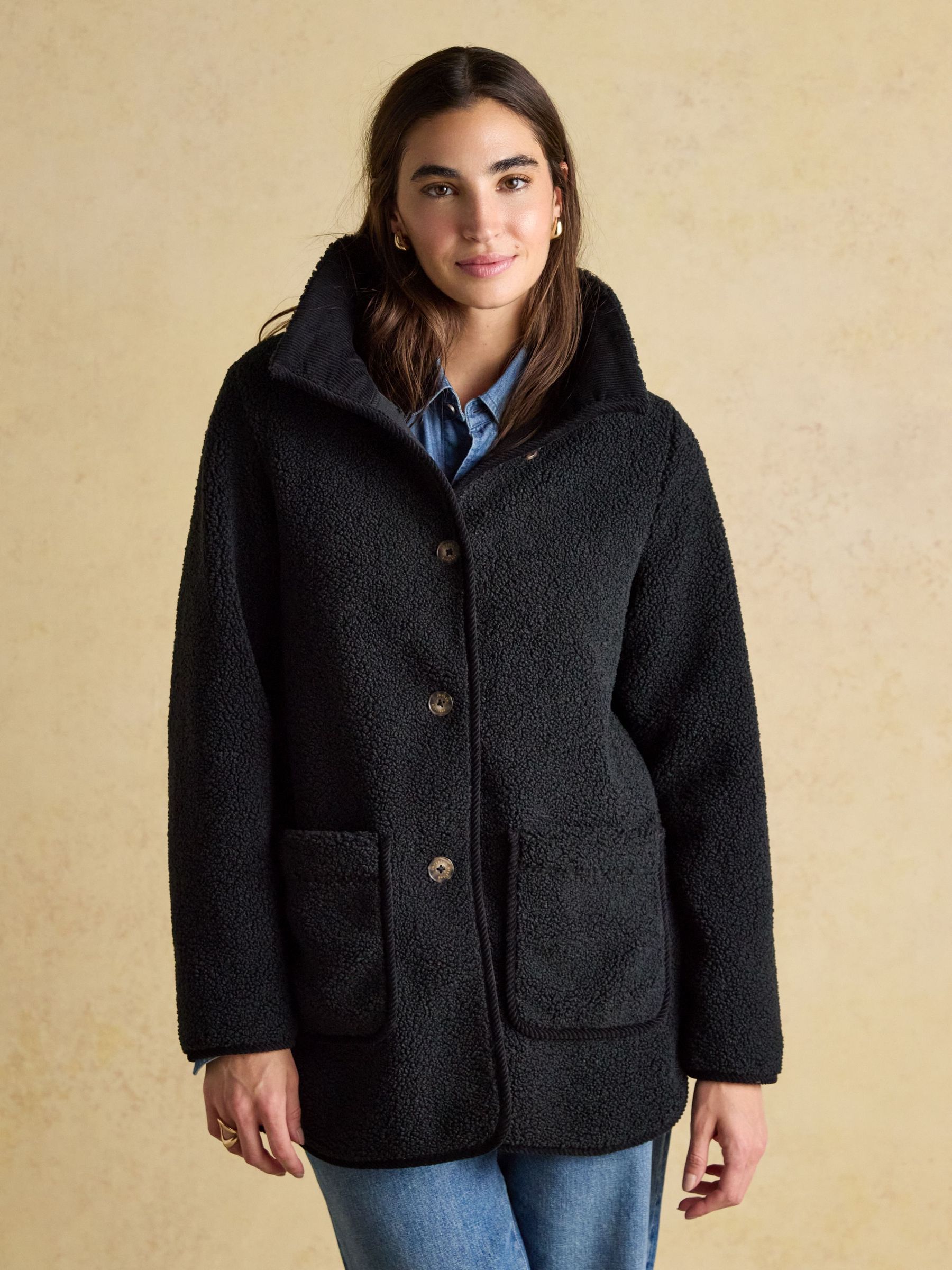 Sadie Black Longline Fleece Jacket with Button Fastening (AU2362) | £79