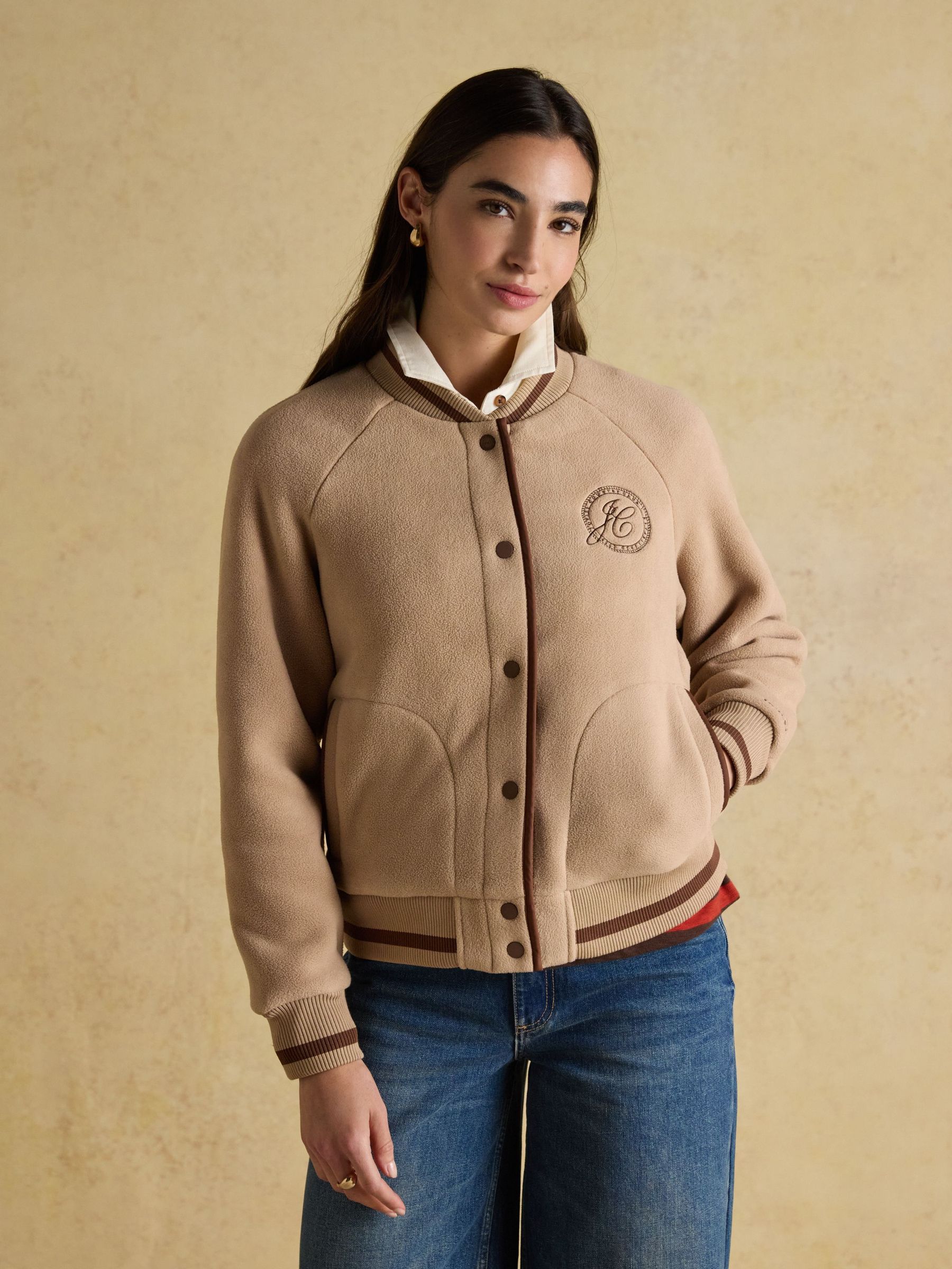 Margot Neutral Varsity Fleece Bomber Jacket