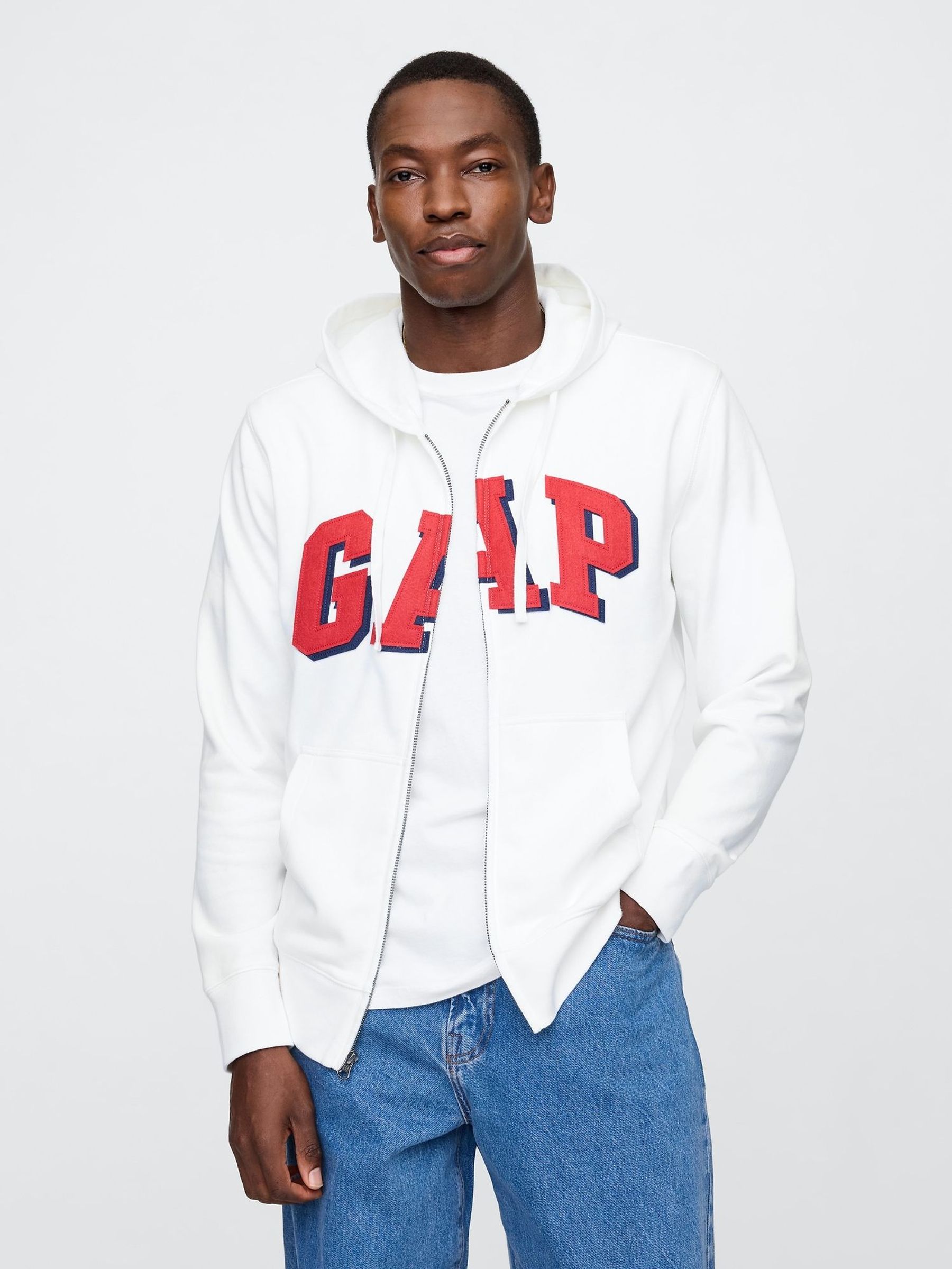 White Zip Up Arch Logo Hoodie (AU2796) | £40