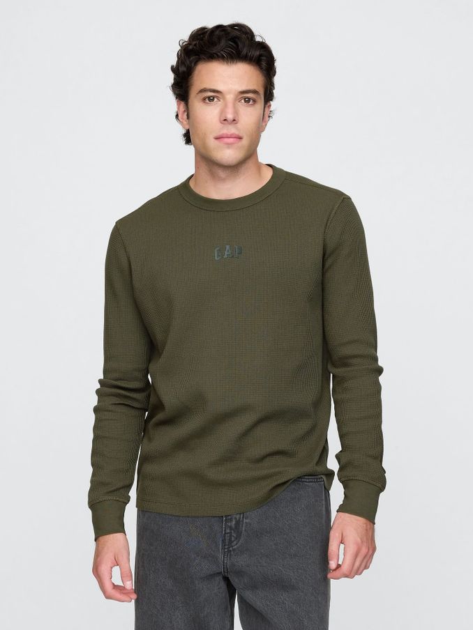 Olive Green Long Sleeve Logo Waffle Knit T-Shirt (AU2834) | £18