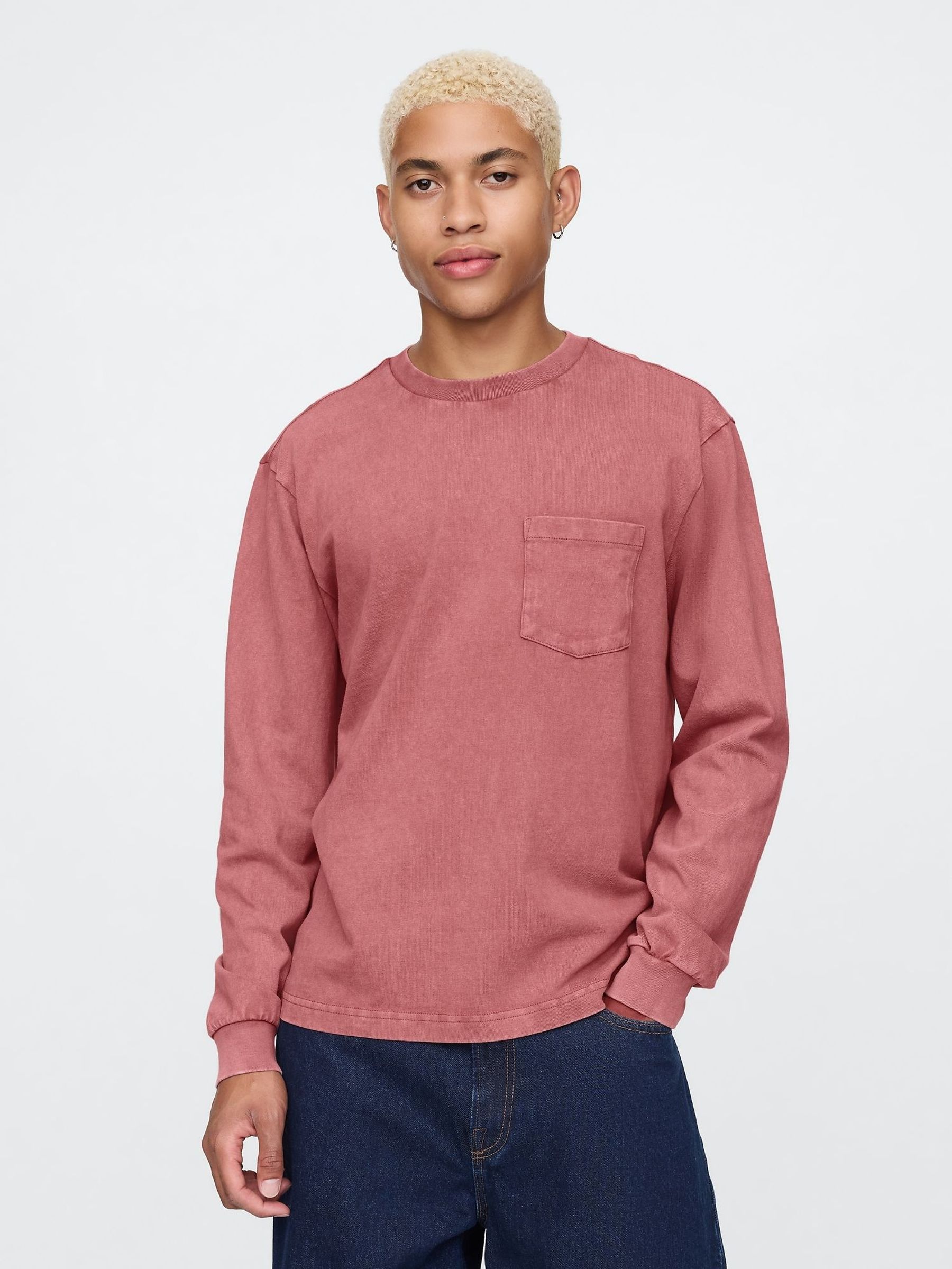 Red Heavyweight Long Sleeve Pocket T-Shirt (AU2844) | £20