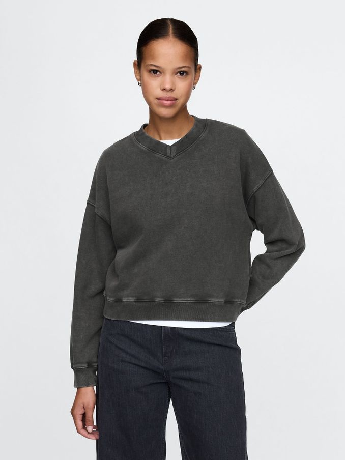 Black Vintage Oversized  V-Neck Sweatshirt (AU3158) | £27