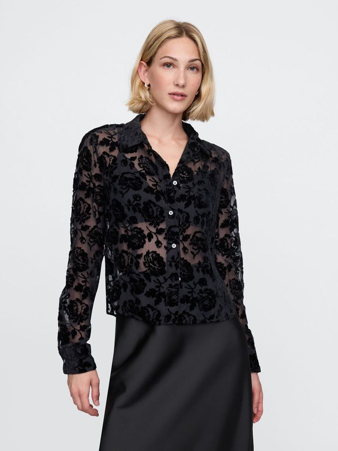 Black Floral Long Sleeved Cropped Velvet Shirt (AU3167) | £27