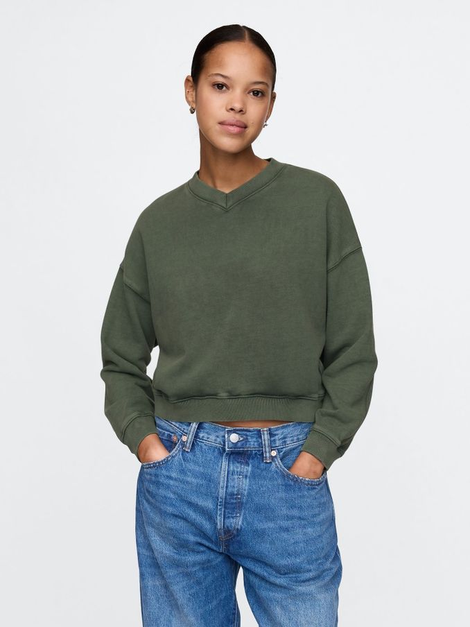 Green Vintage Oversized  V-Neck Sweatshirt (AU3171) | £27