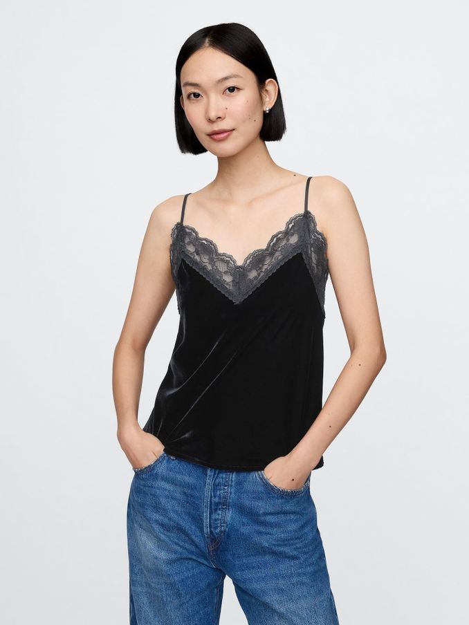 Black V-Neck Velvet Lace-Trim Cami Top (AU3172) | £24