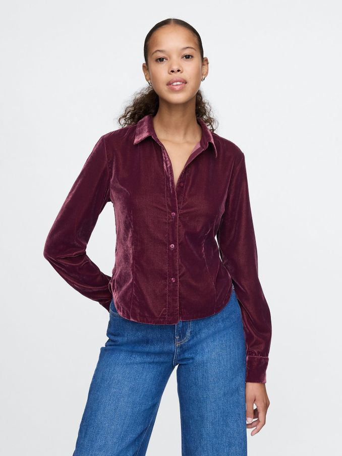 Red Long Sleeved Cropped Velvet Shirt (AU3173) | £27