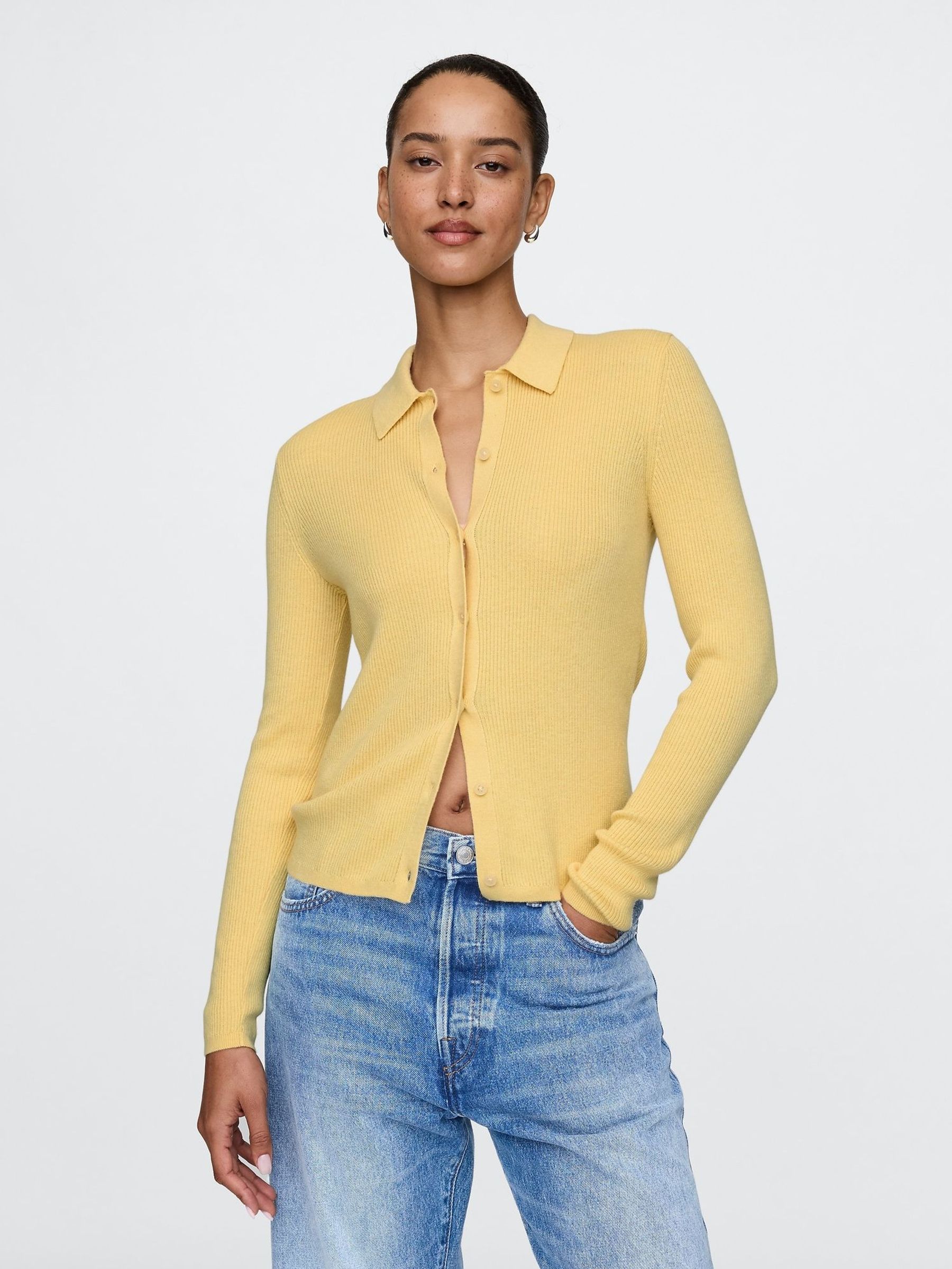 Yellow CashSoft Rib Polo Cardigan (AU3177) | £45