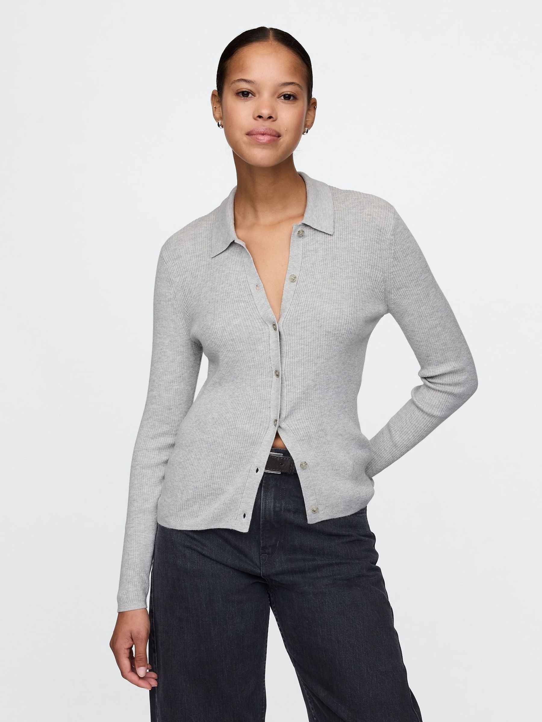 Grey CashSoft Rib Polo Cardigan (AU3179) | £27
