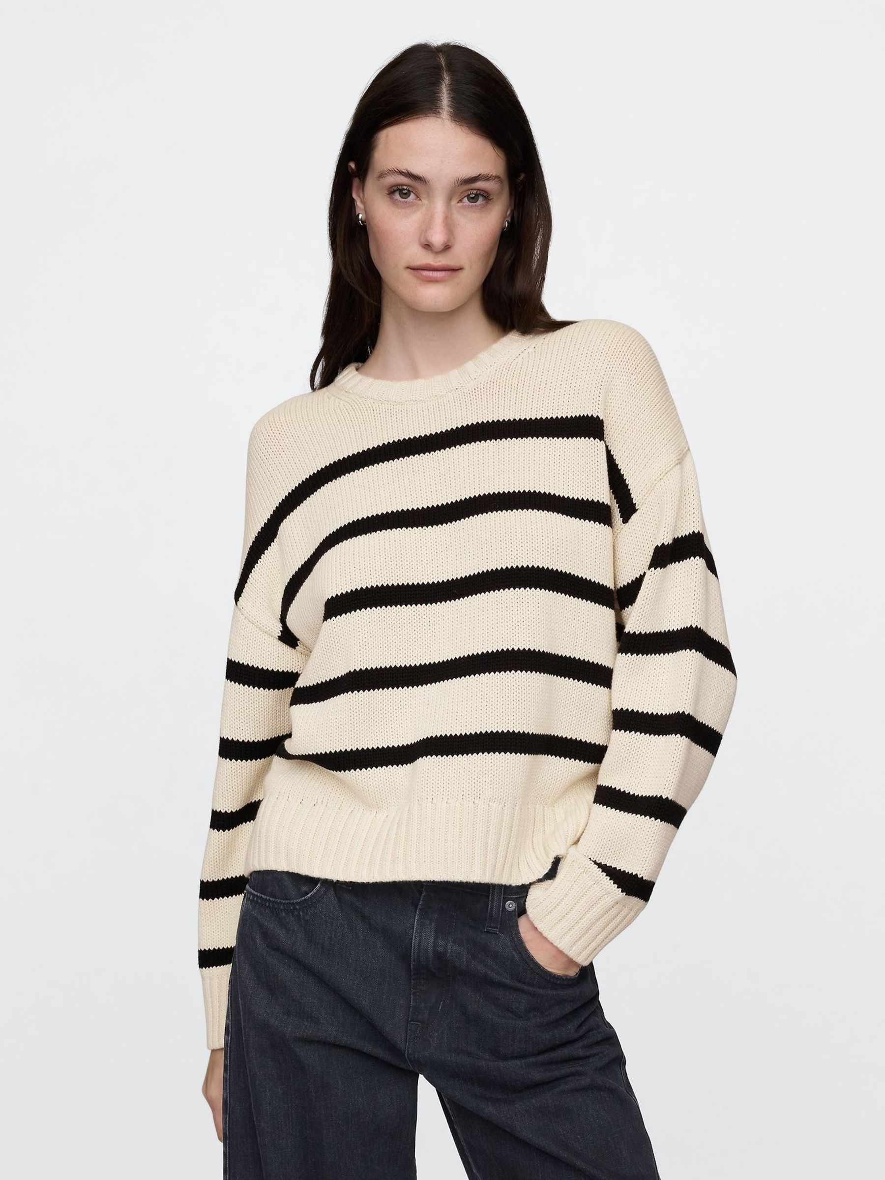 Cream/Navy Blue Stripe Cotton Crew Neck Jumper (AU3190) | £18