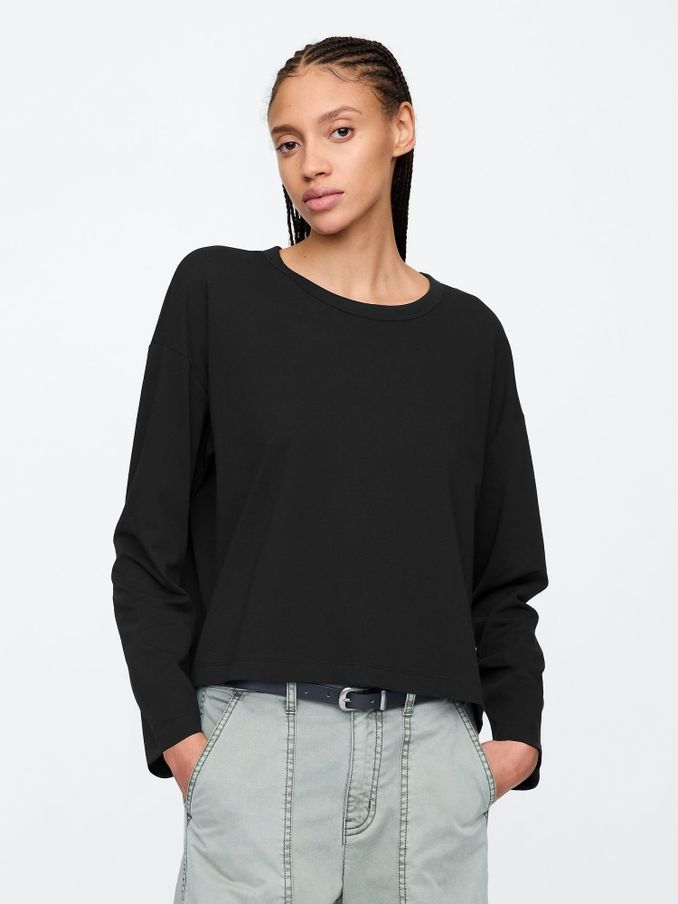 Black Favourite Oversized Cotton-Modal Crew Neck Long Sleeve T-Shirt (AU3206) | £8