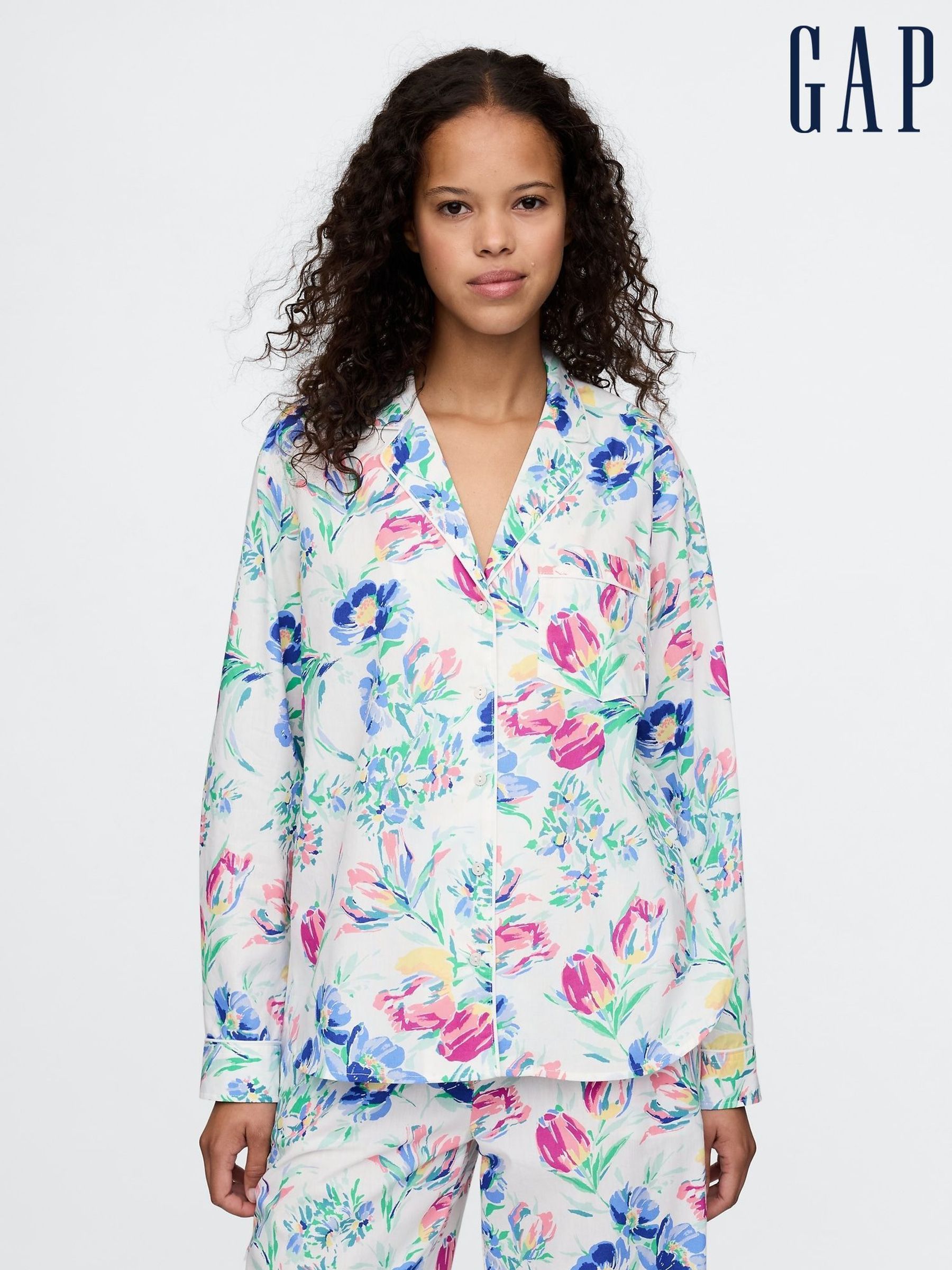 White/Blue Floral Long Sleeve Poplin Pyjama Shirt (AU3207) | £30