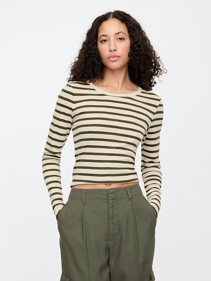 Cream Stripe Favourite Cotton-Modal Crew Neck Long Sleeve T-Shirt (AU3210) | £10