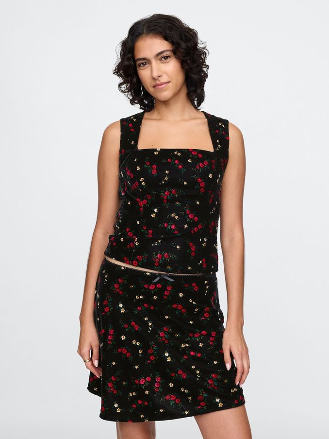 Black Floral Velvet Square-Neck Cropped Top (AU3213) | £27
