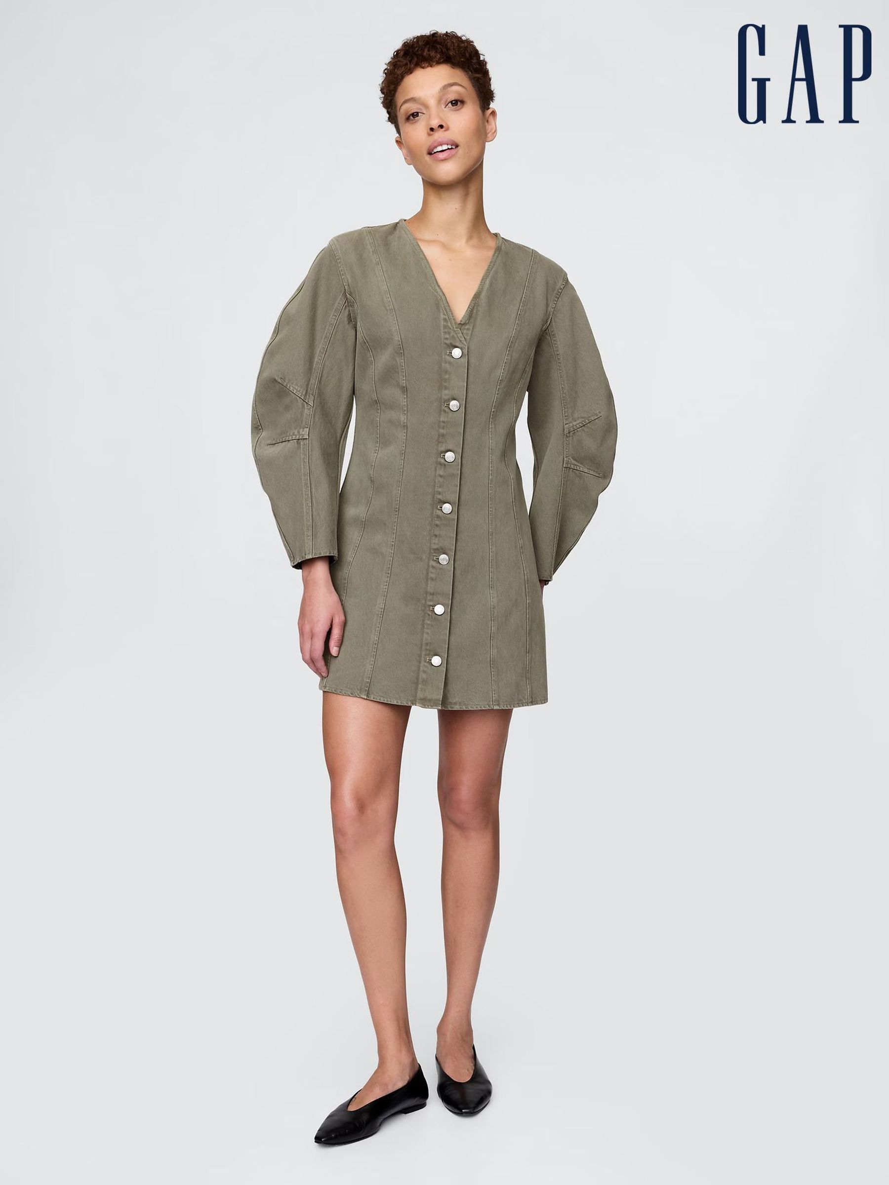 Green Barrel Long Sleeve 100% Cotton V-Neck Shirt Dress (AU3243) | £90