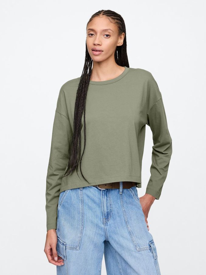 Green Favourite Oversized Cotton-Modal Crew Neck Long Sleeve T-Shirt (AU3259) | £14