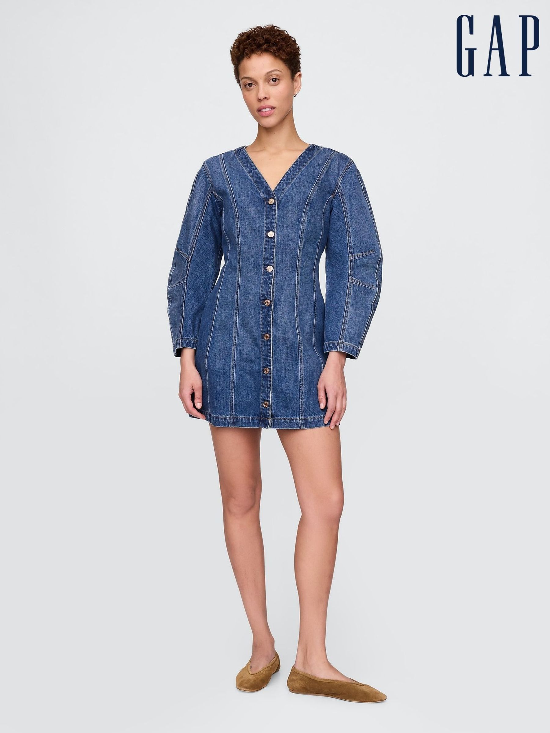 Blue Barrel-Sleeve Denim Mini Shirt Dress (AU3267) | £85
