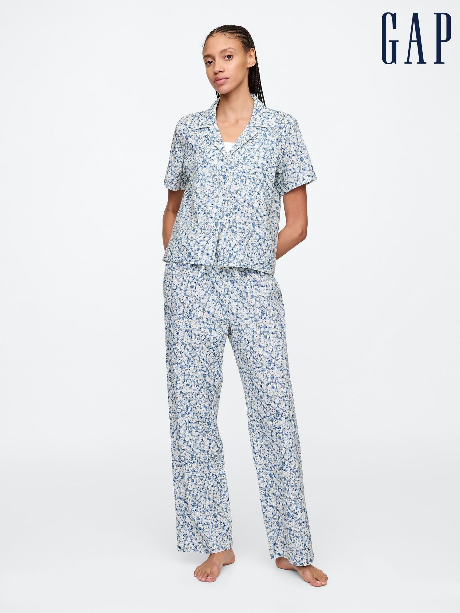 Blue Floral Cotton Poplin Pyjama Bottoms (AU3284) | £25