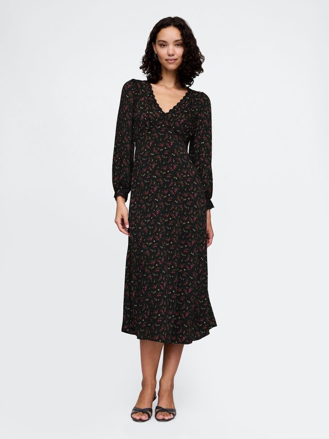 Black Floral Satin Empire Midi Dress (AU3290) | £36
