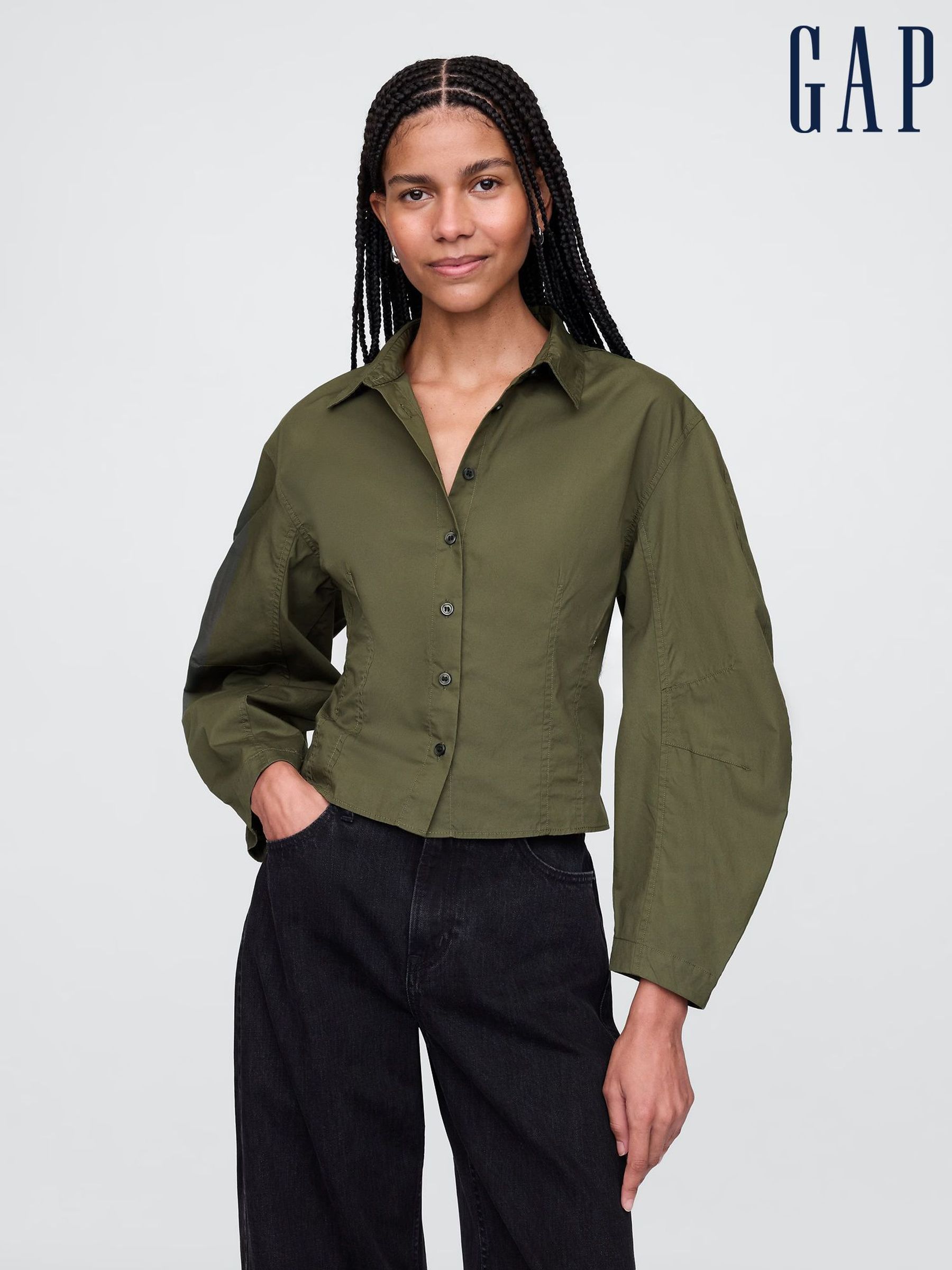Green Organic Cotton Poplin Barrel Sleeve Cropped Shirt (AU3292) | £35