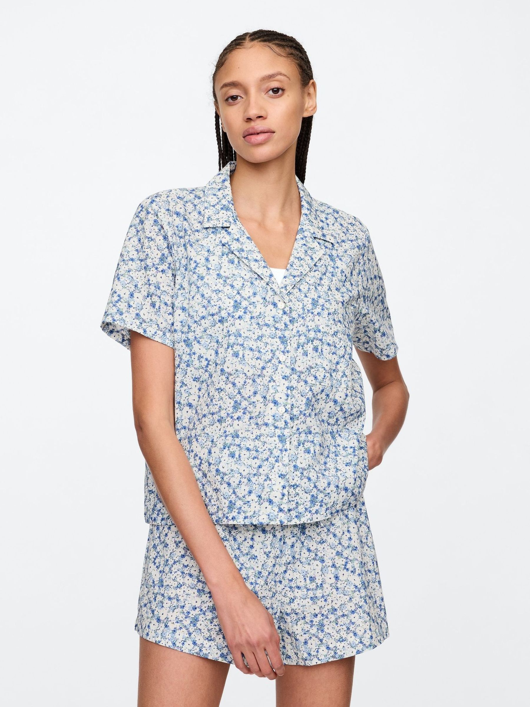 Blue Floral Cotton Short Sleeve Pyjama Top (AU3294) | £20