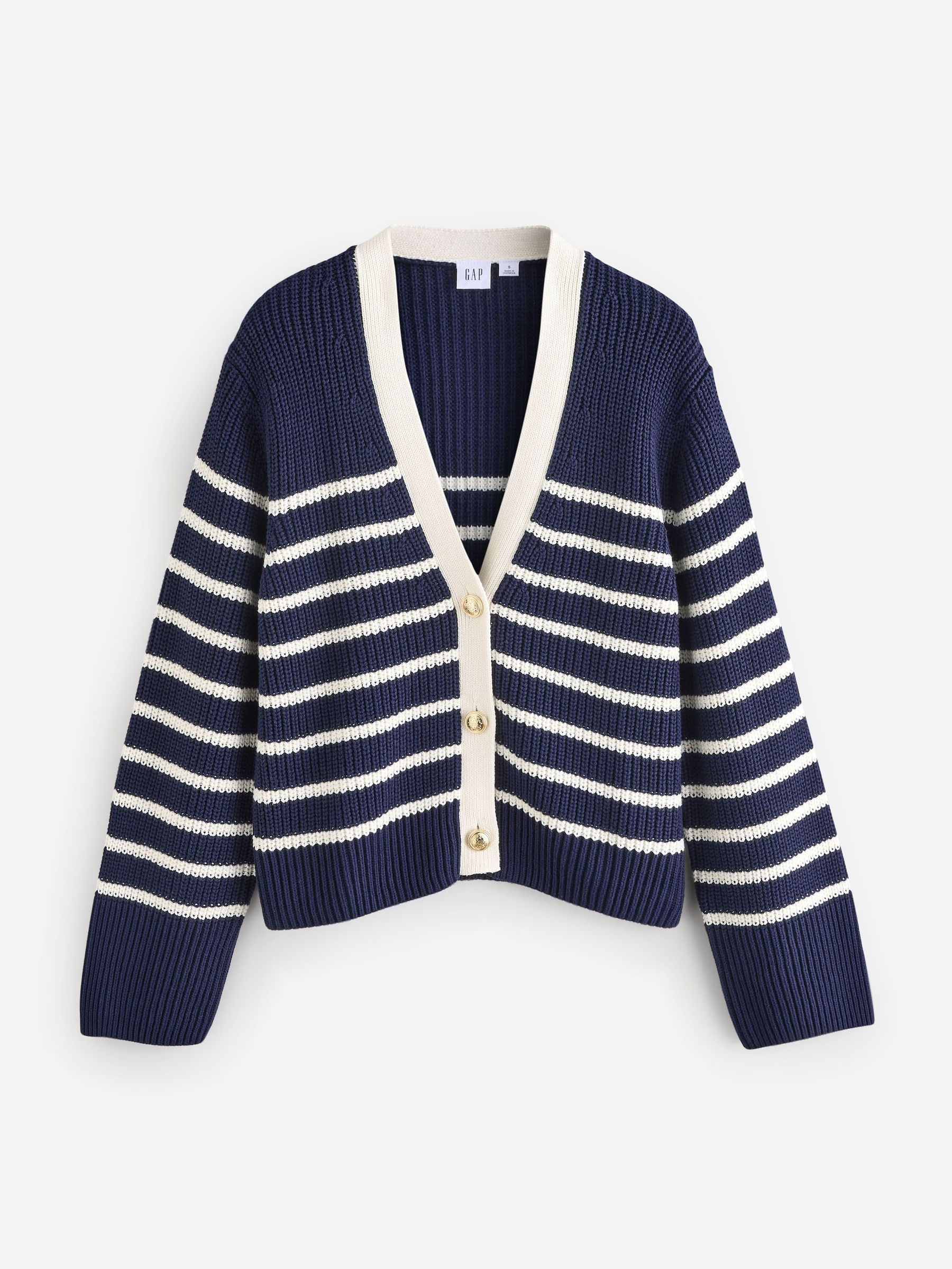 Navy Blue & White Stripe 100% Cotton V-Neck Cardigan (AU3408) | £20