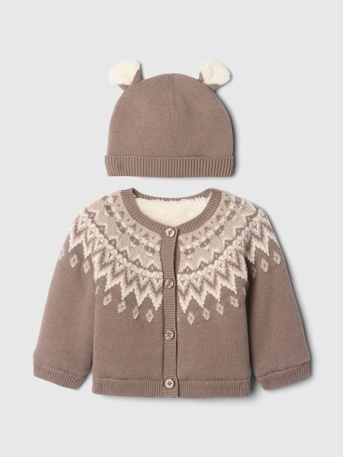 Brown Fair Isle Cardigan & Hat Set (Newborn-24mths) (AU3567) | £18