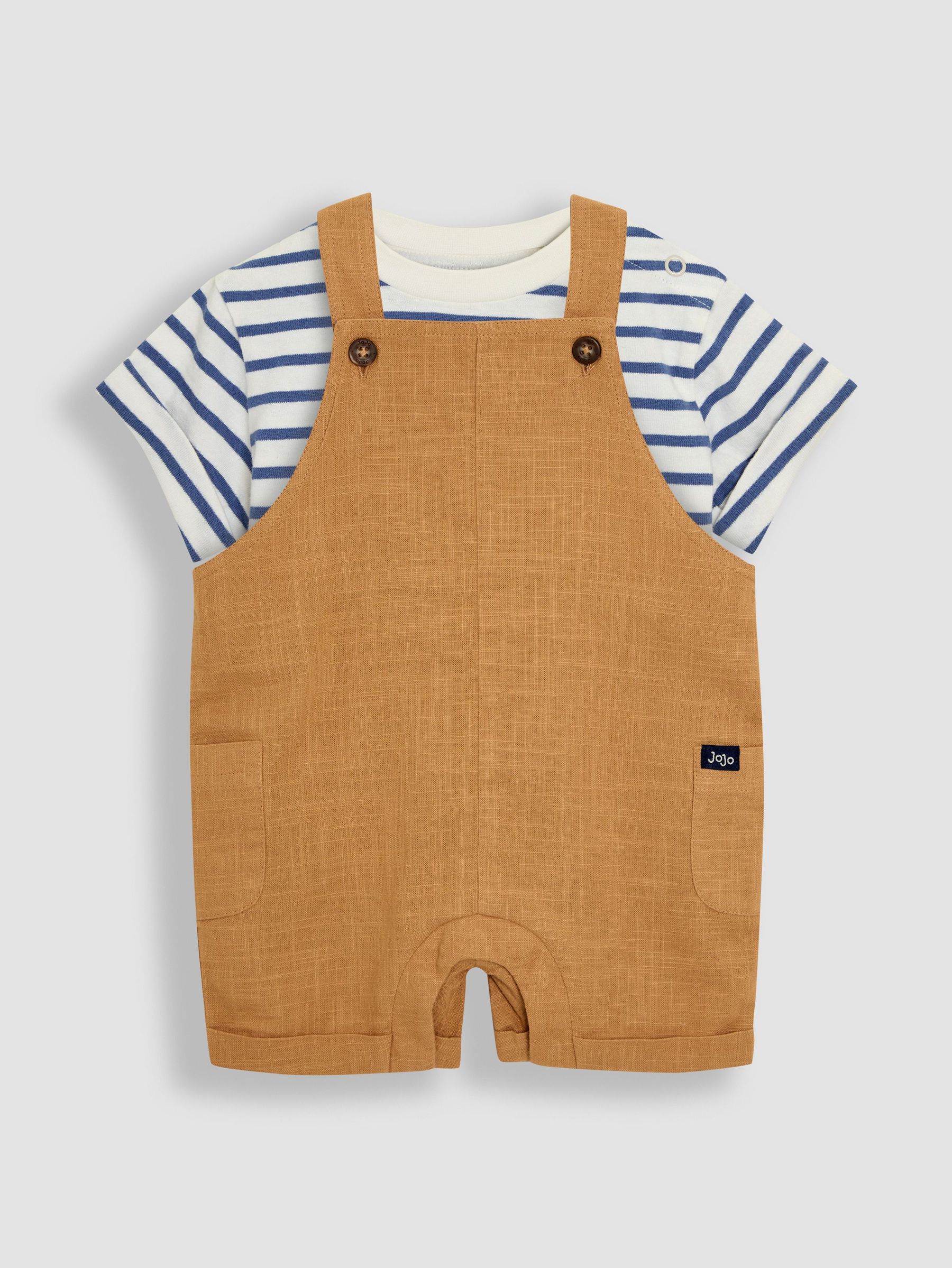 Tan 100% Cotton 2-Piece Dungarees & Stripe T-Shirt Set (AU4142) | £25 - £26