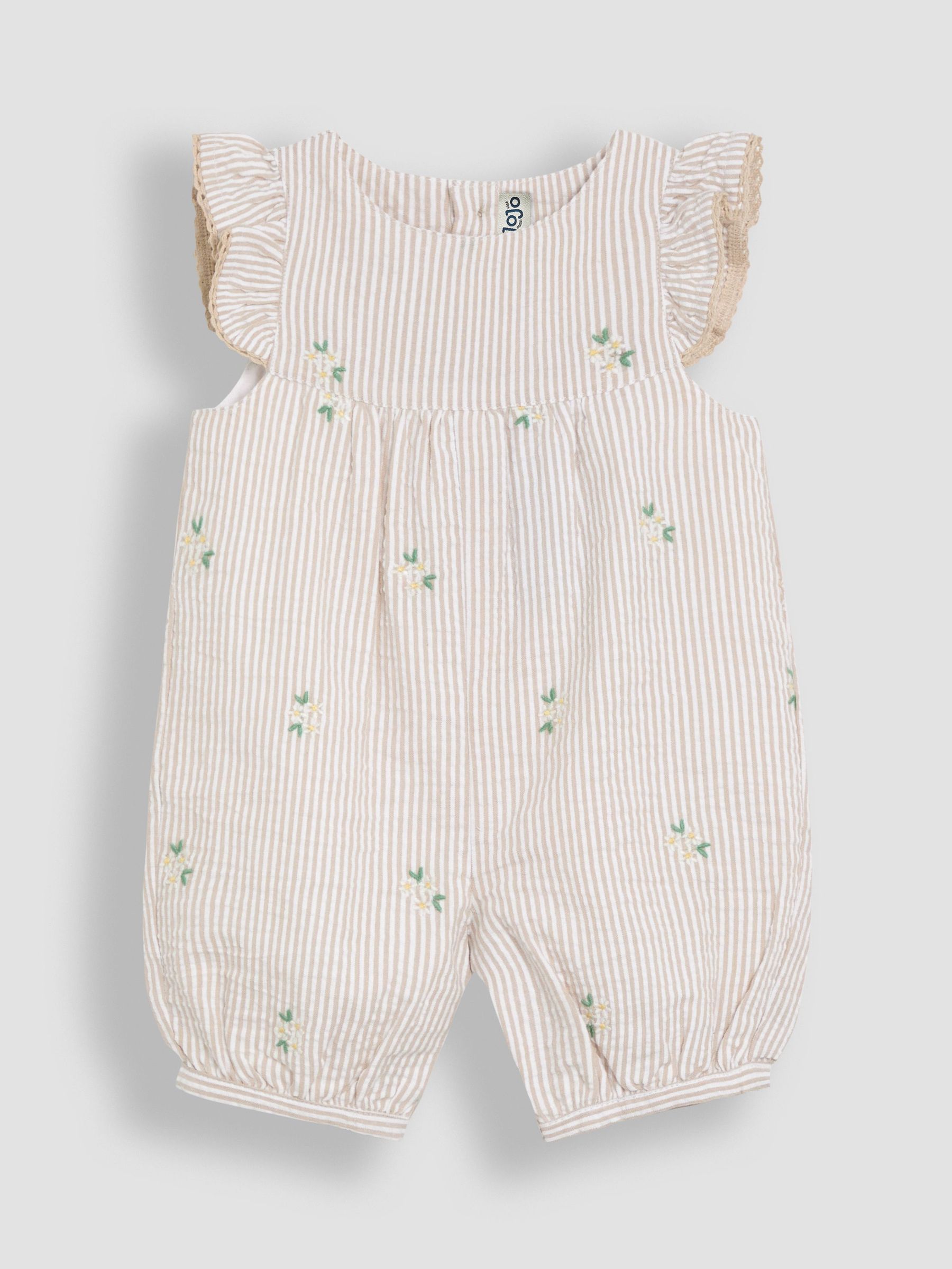 Natural Daisy Striped Seersucker Pretty Ruffle Shoulder Embroidered 100% Cotton Sunsuit (AU4160) | £23 - £24