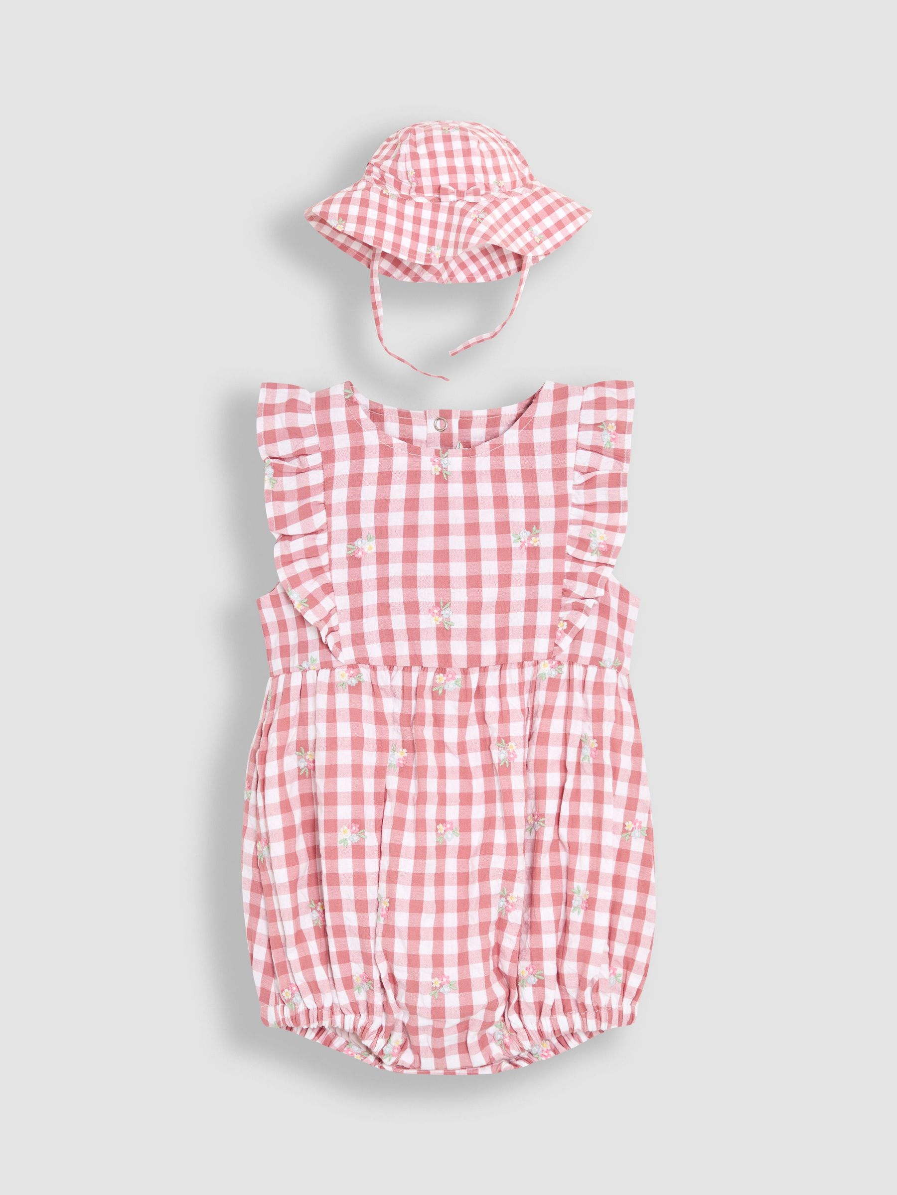 Pink Floral Embroidered 2-Piece Frill-front Romper & Hat Set (AU4166) | £30 - £31