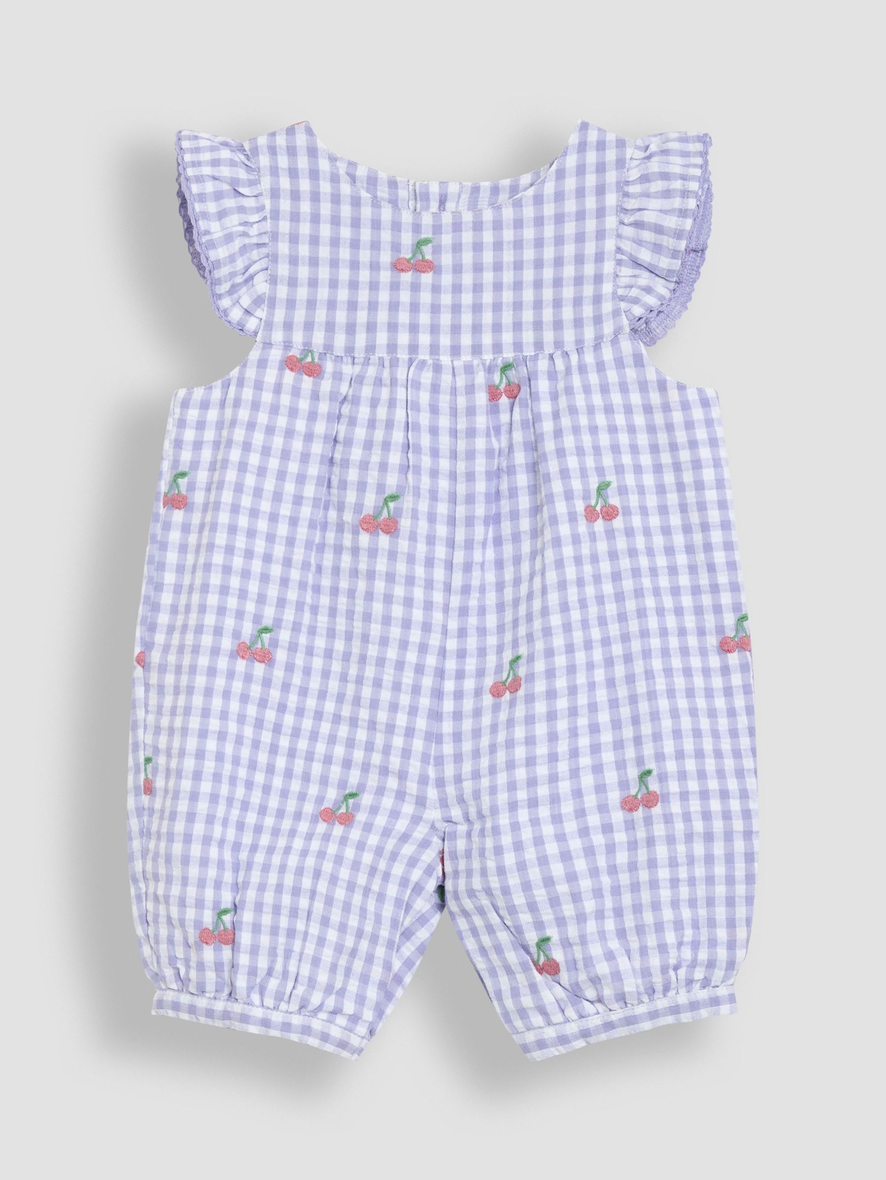Lilac Purple Cherry Gingham Pretty Ruffle Shoulder Embroidered Sunsuit (AU4172) | £23 - £24